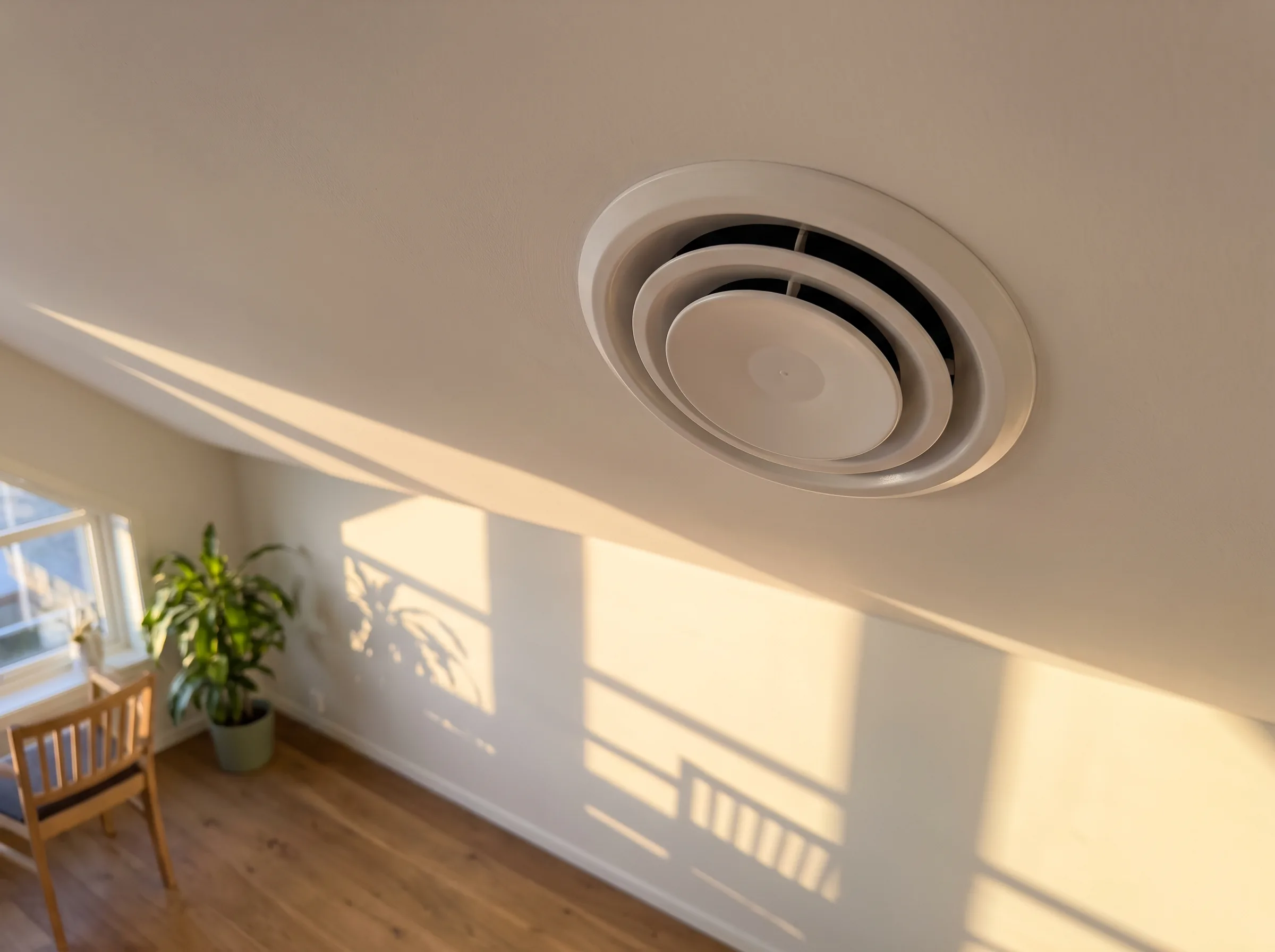 Ventilasjonssystem og naturlig lys i rommet med trær og stol