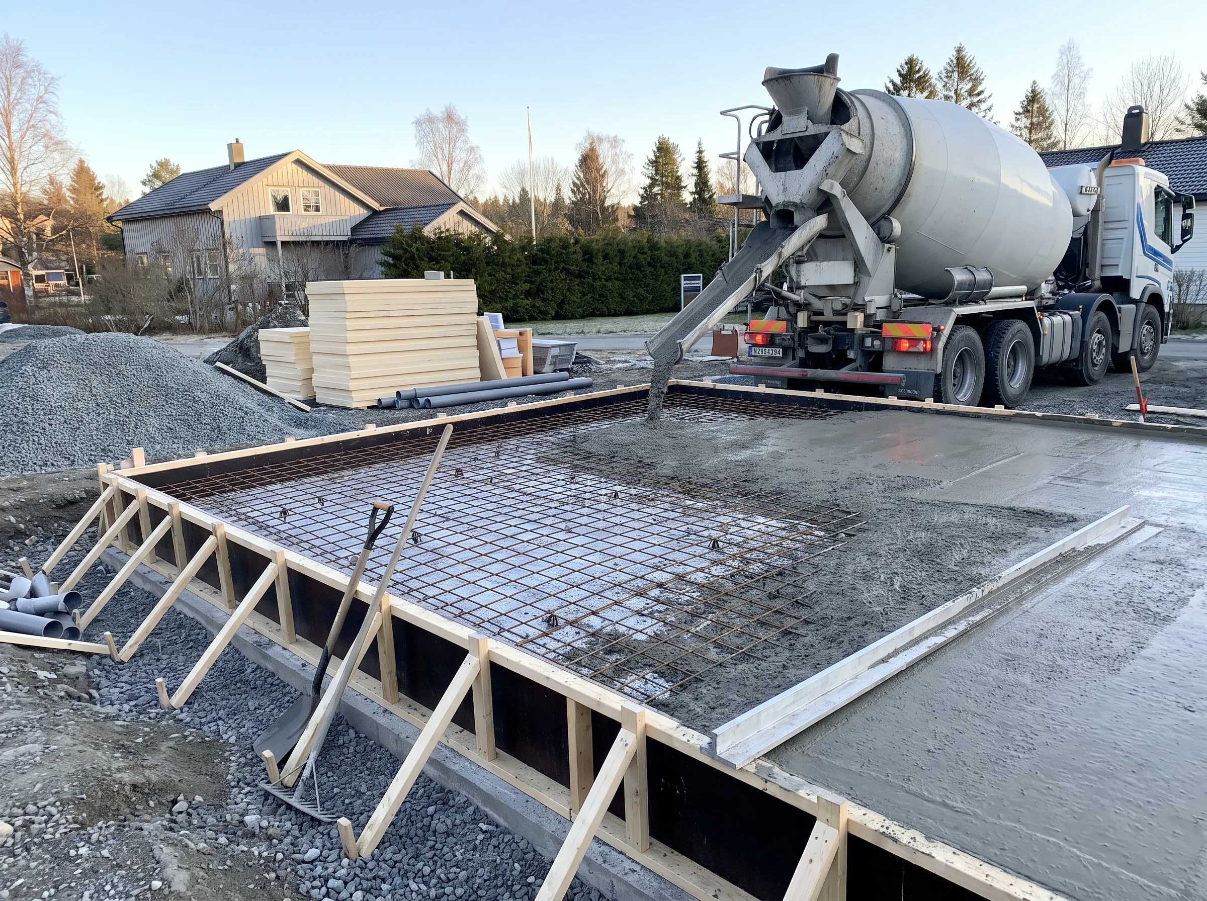 Betongarbeid for fundamentering av hus med betongbil på byggeplass