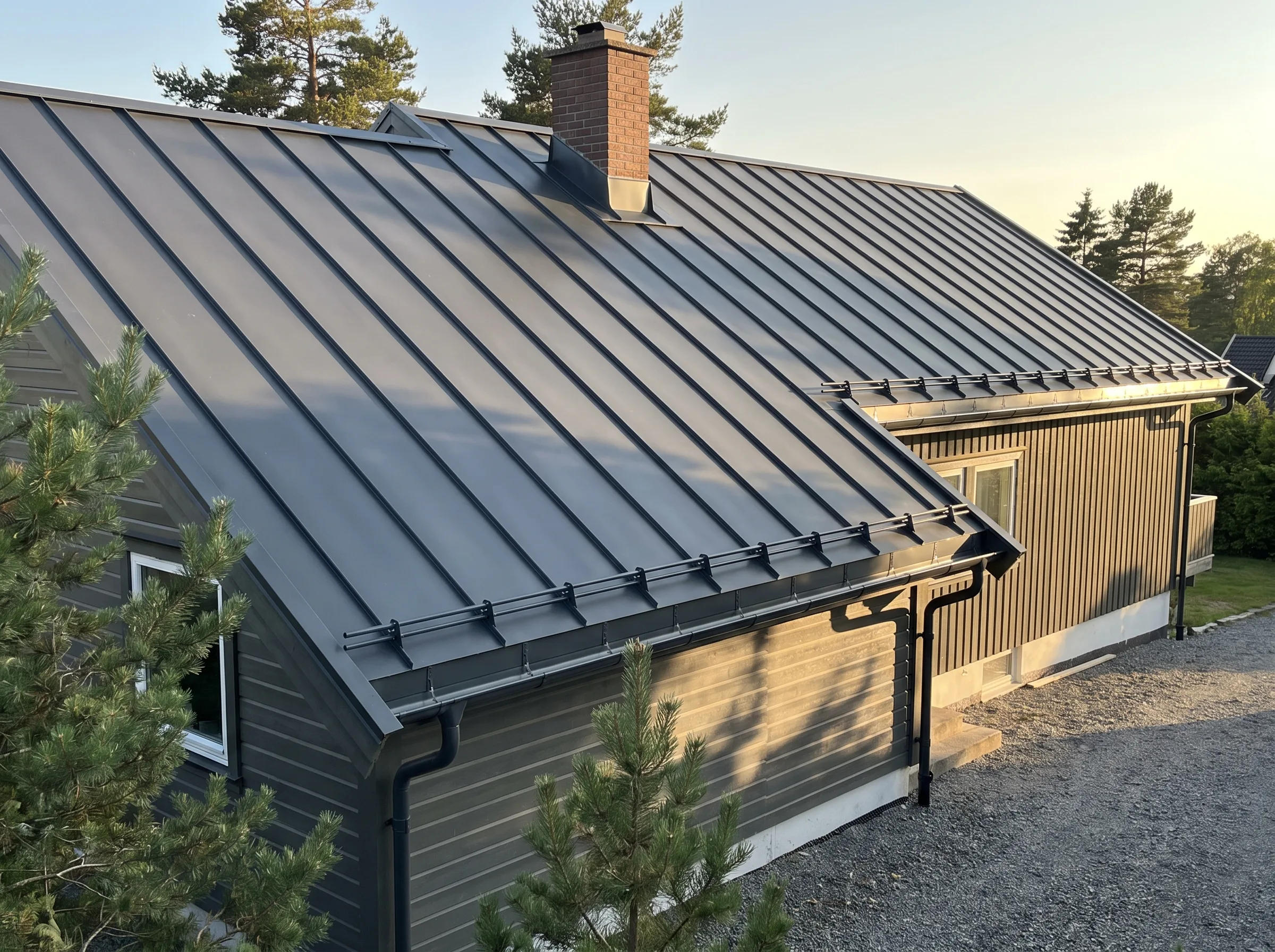 Taktekking av hus med moderne metalltak og fasade i god stand