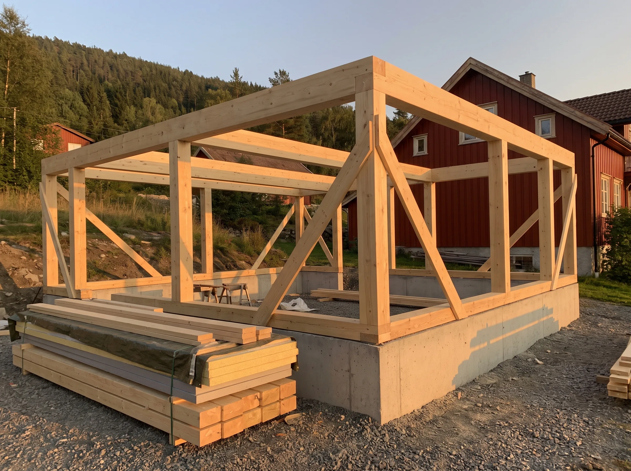 Bygget med trestruktur på betongfundament, klart for videre arbeid