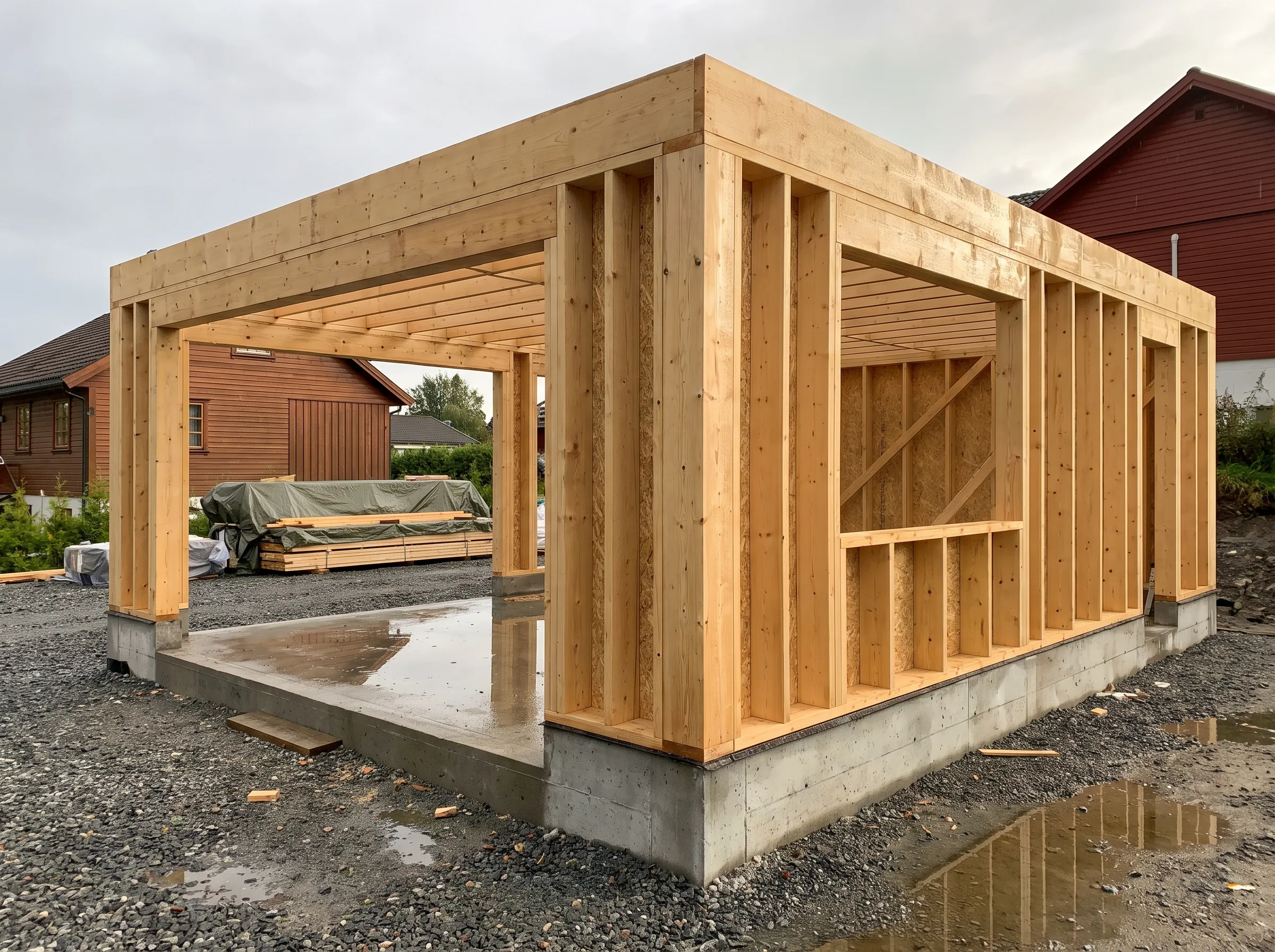 Byggetrinn av et hus med treverk som ramme og støttende fundament