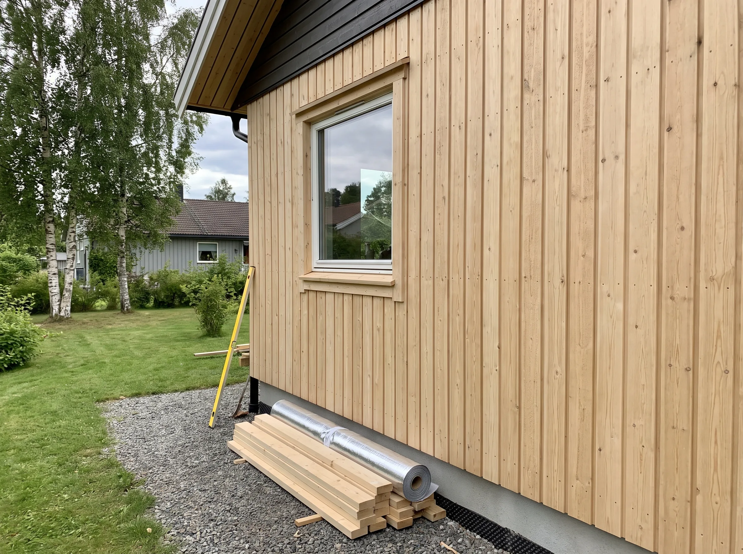 Fasadearbeid med trepanel og vindu på en husvegg