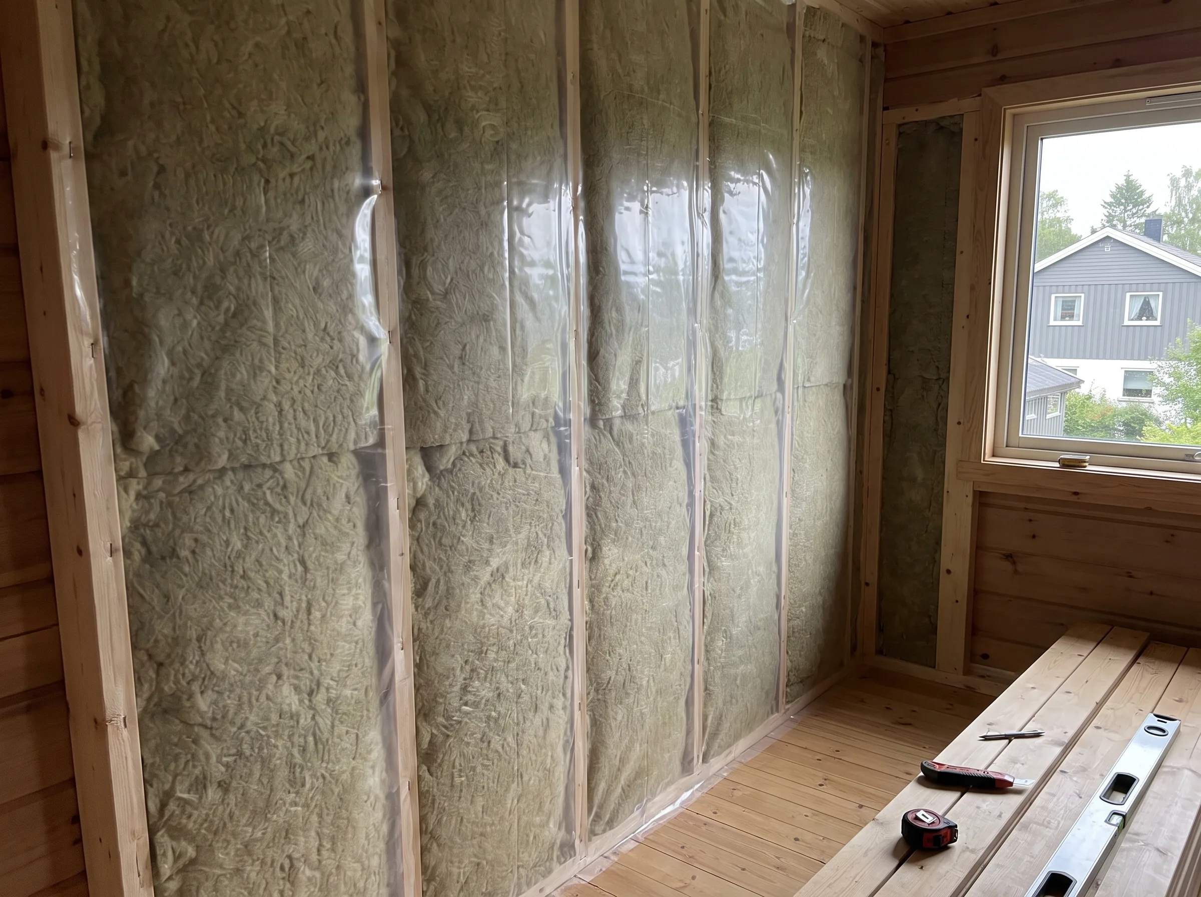 Isolering av vegger i en bygg under renovering, med plastfolie på plass