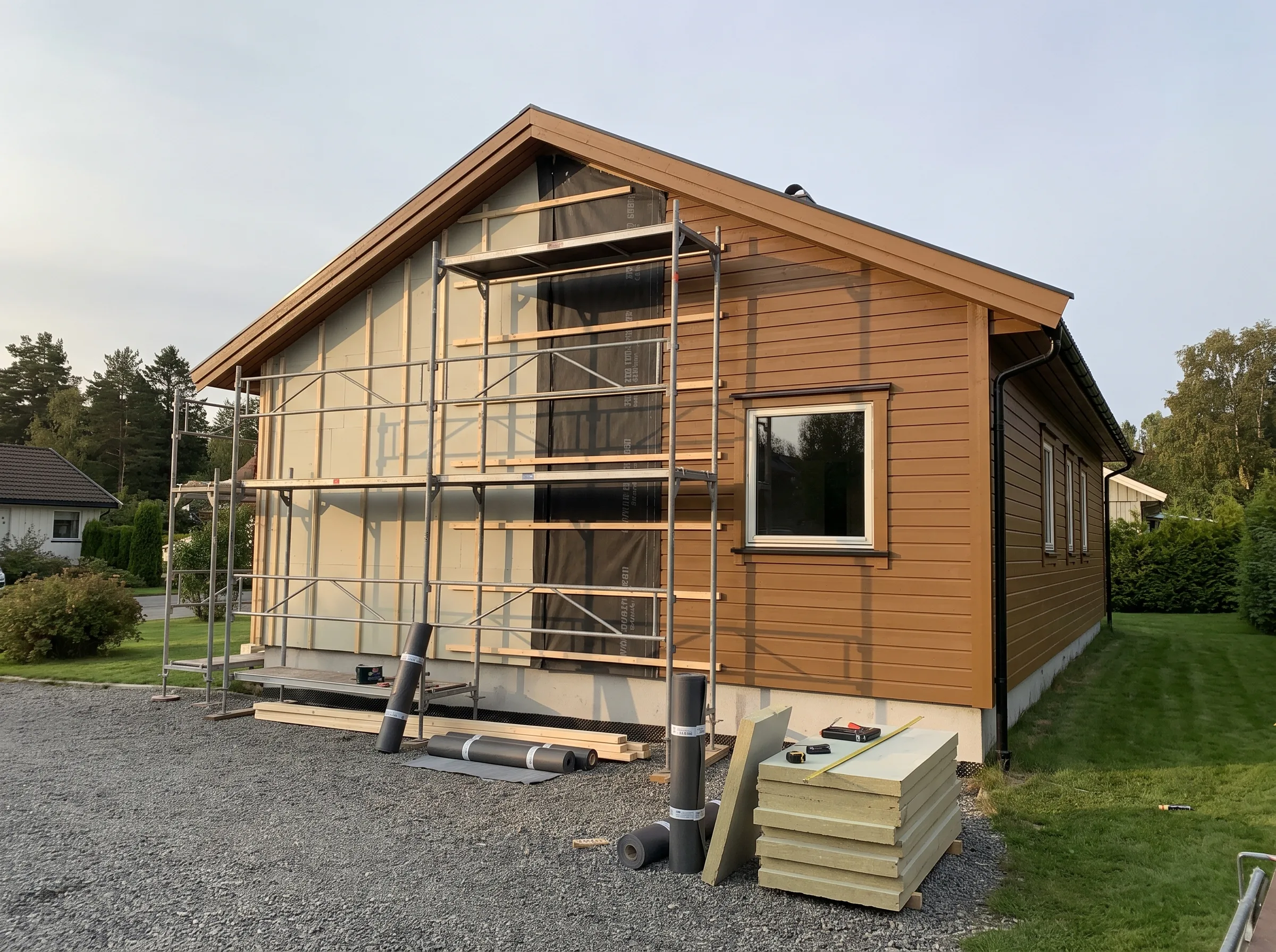 Utskifting av kledning og renovering av fasade på en enebolig med stillas