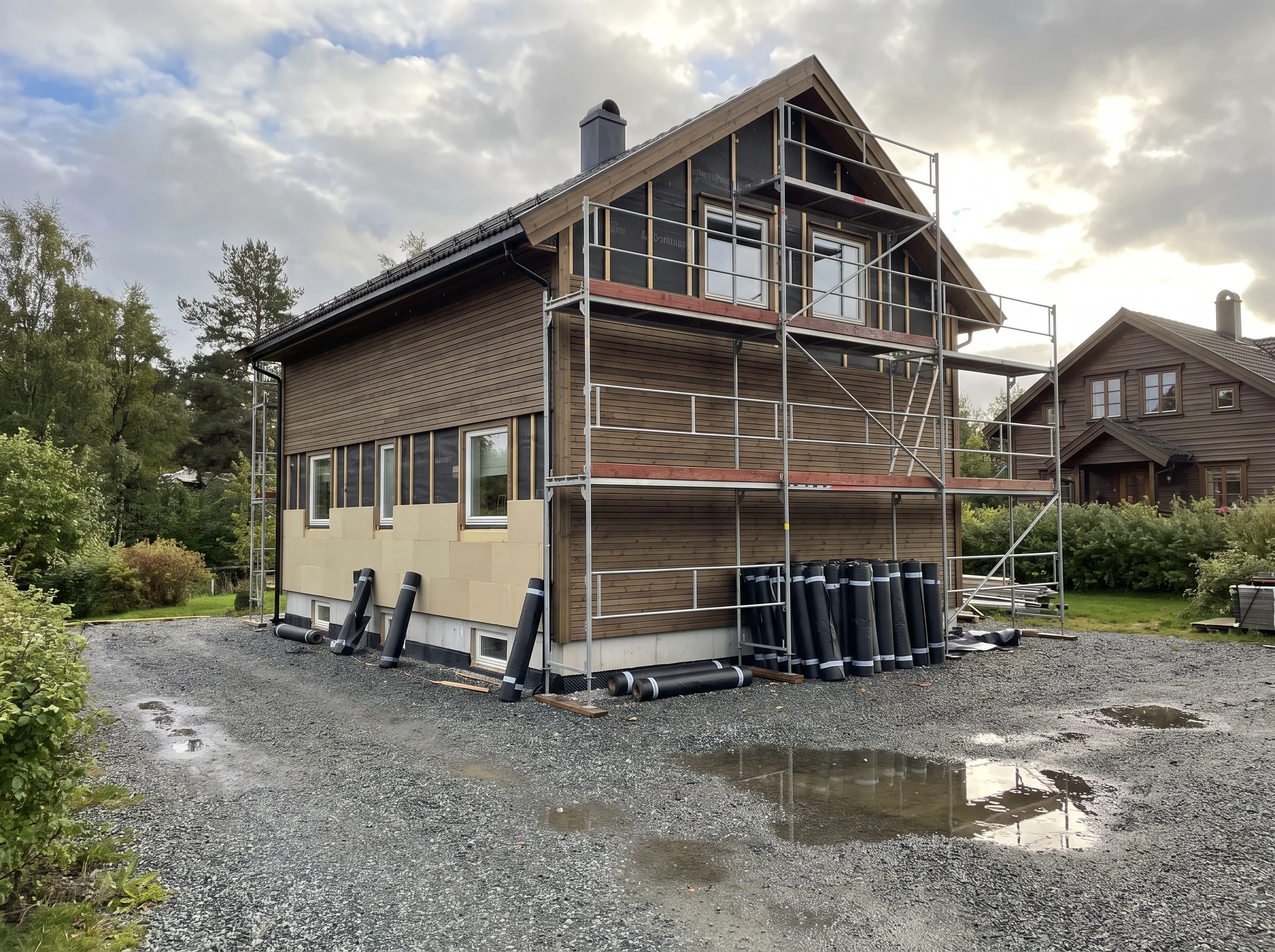 Huset er delvis renovert med stillas og isolasjon på fasaden