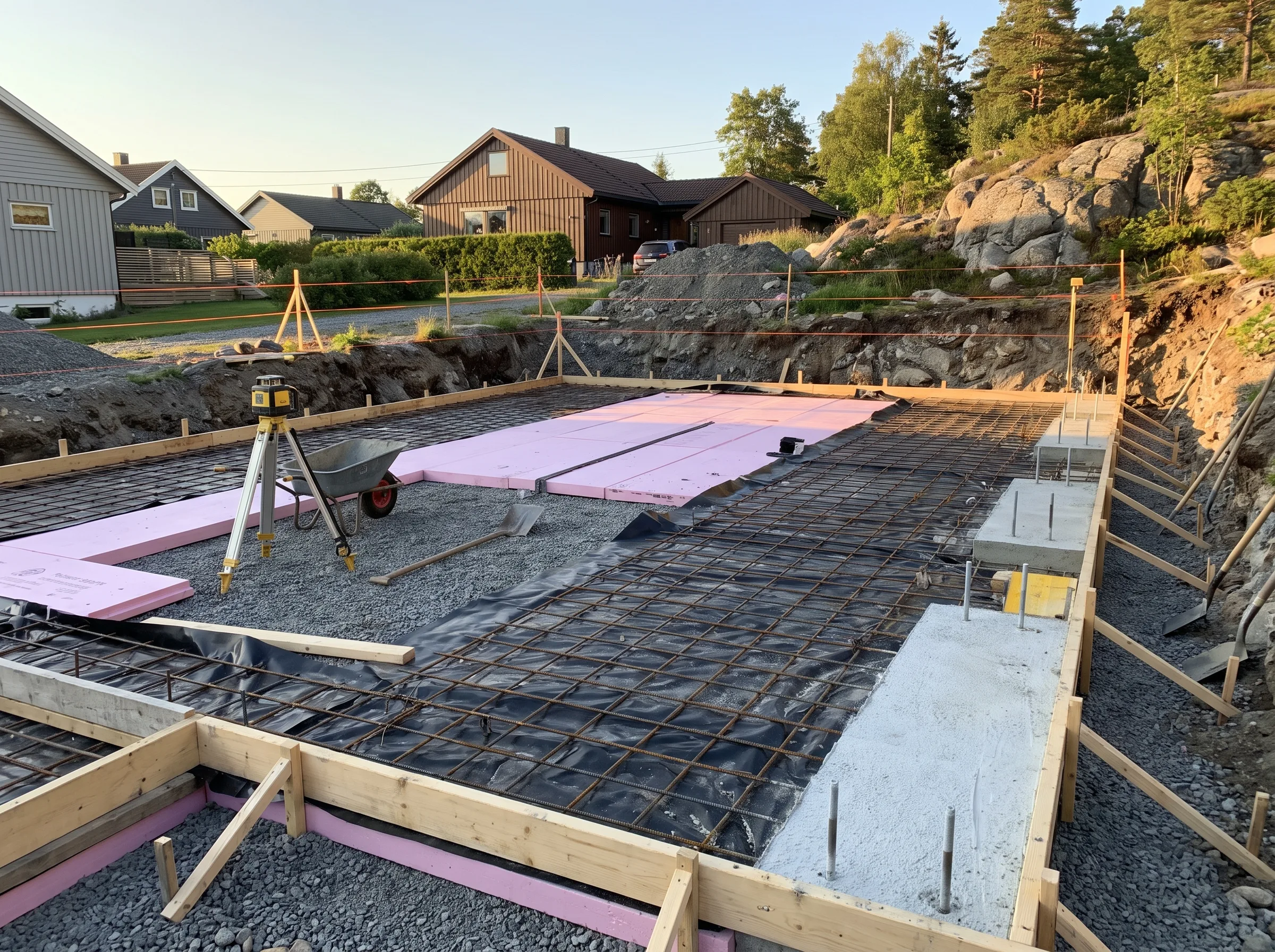 Fundament for nytt hus med forskaling og isolasjon lagt ut