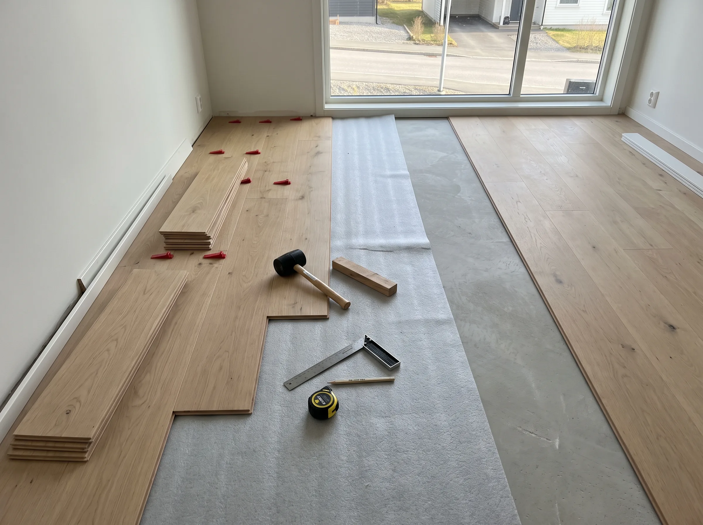 Installasjon av gulv med materialer og verktøy i rommet