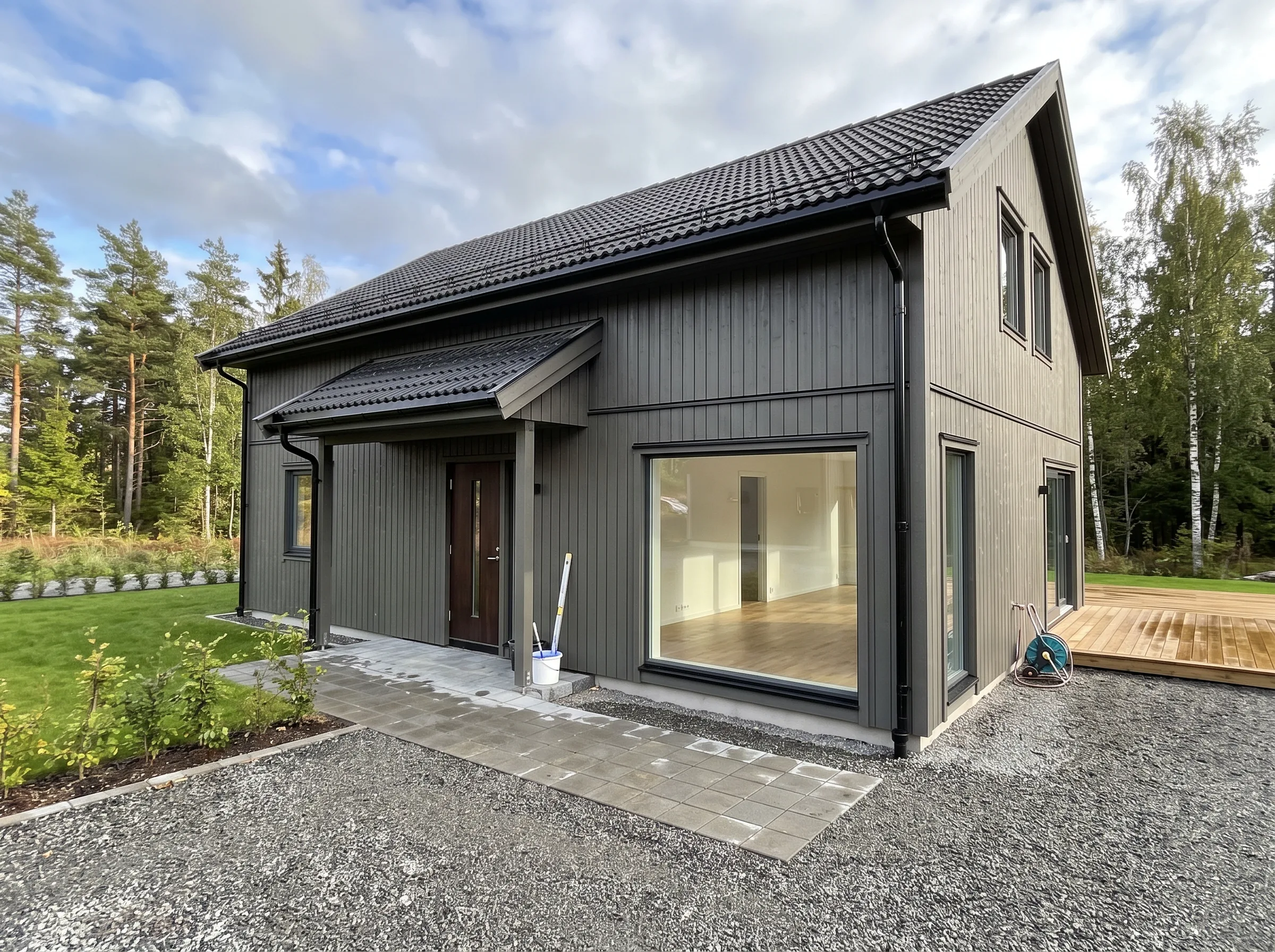Nybygd hus med moderne design og store vinduer, klar for innflytting