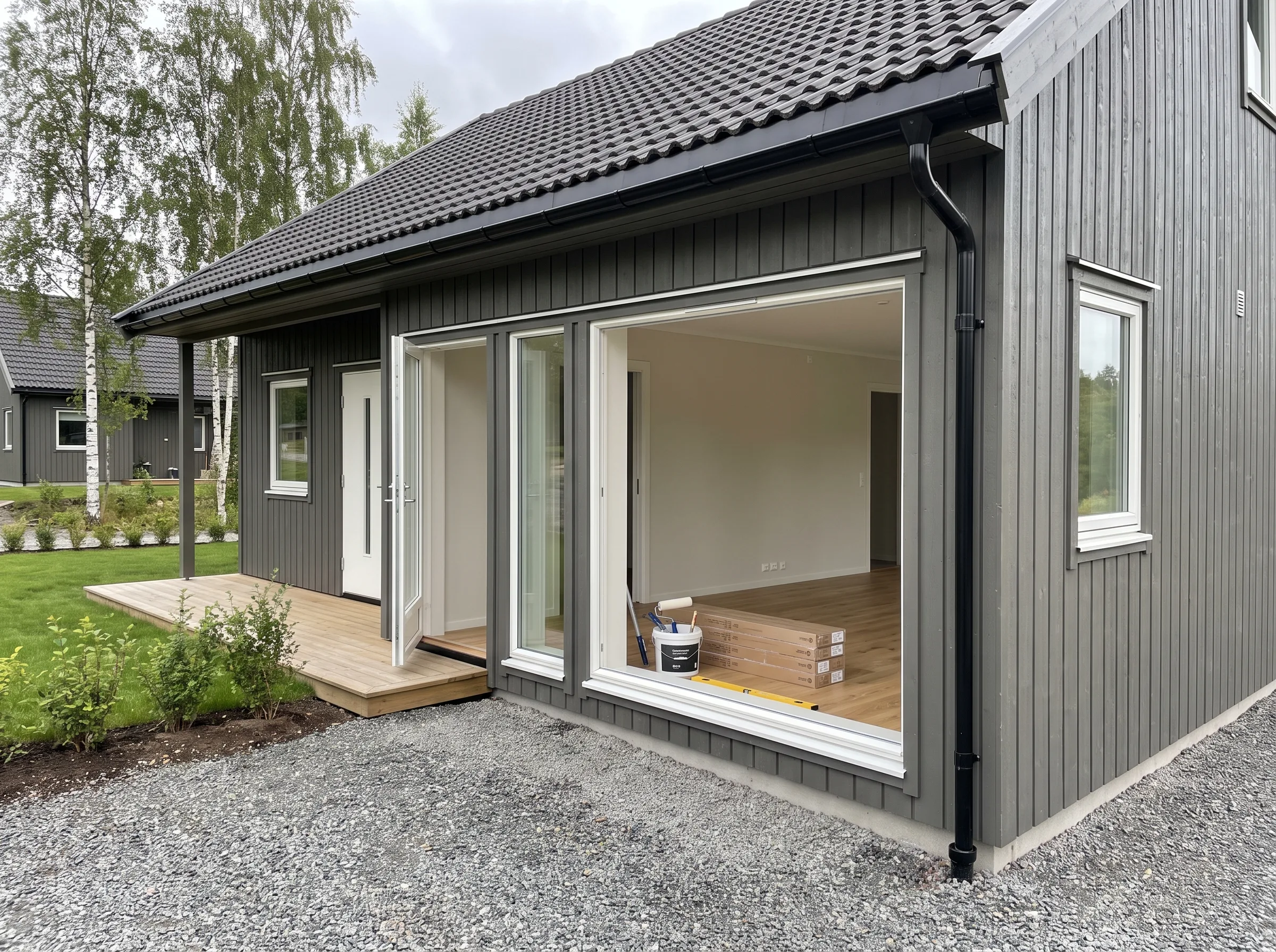 Nytt hus med store vinduer og terrasse, klar for innvendig oppussing