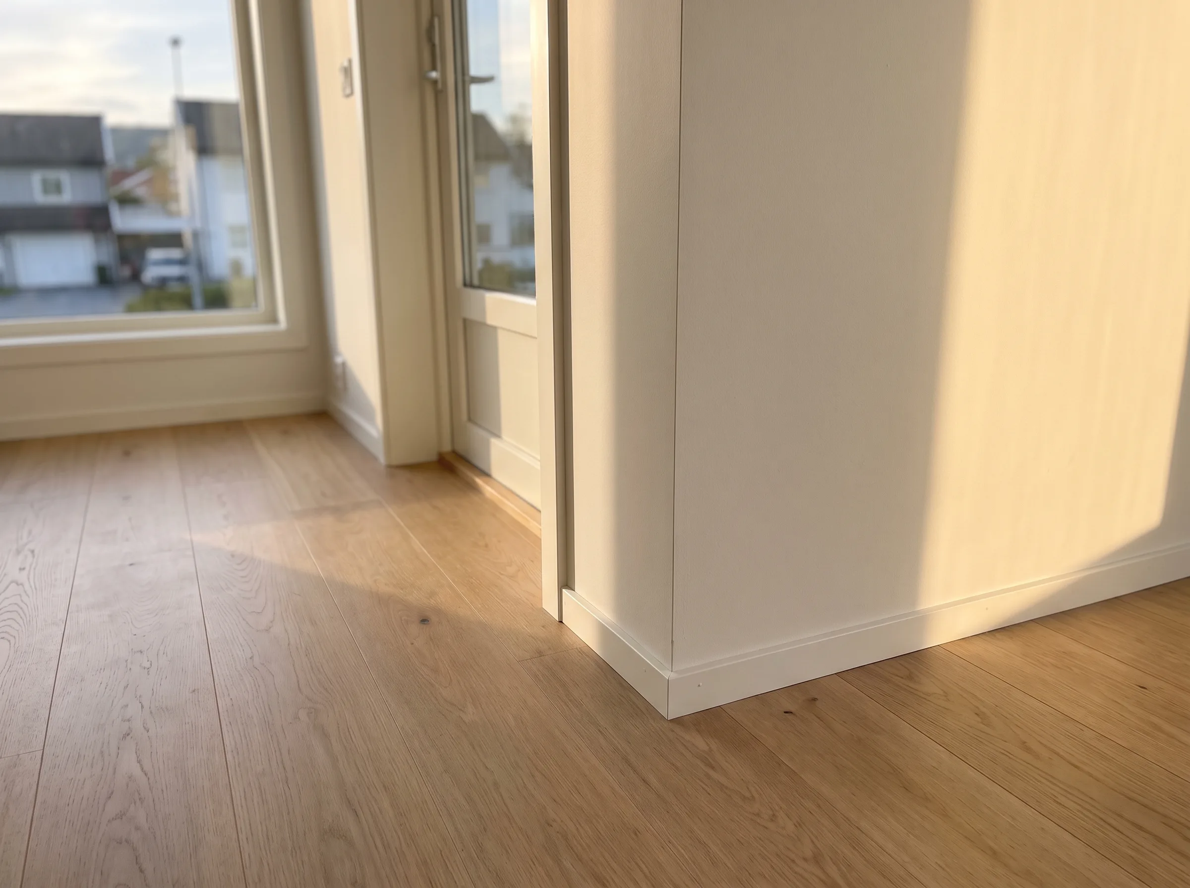 Vakkert lysinnfall i nyoppusset rom med lyst gulv og hvite vegger