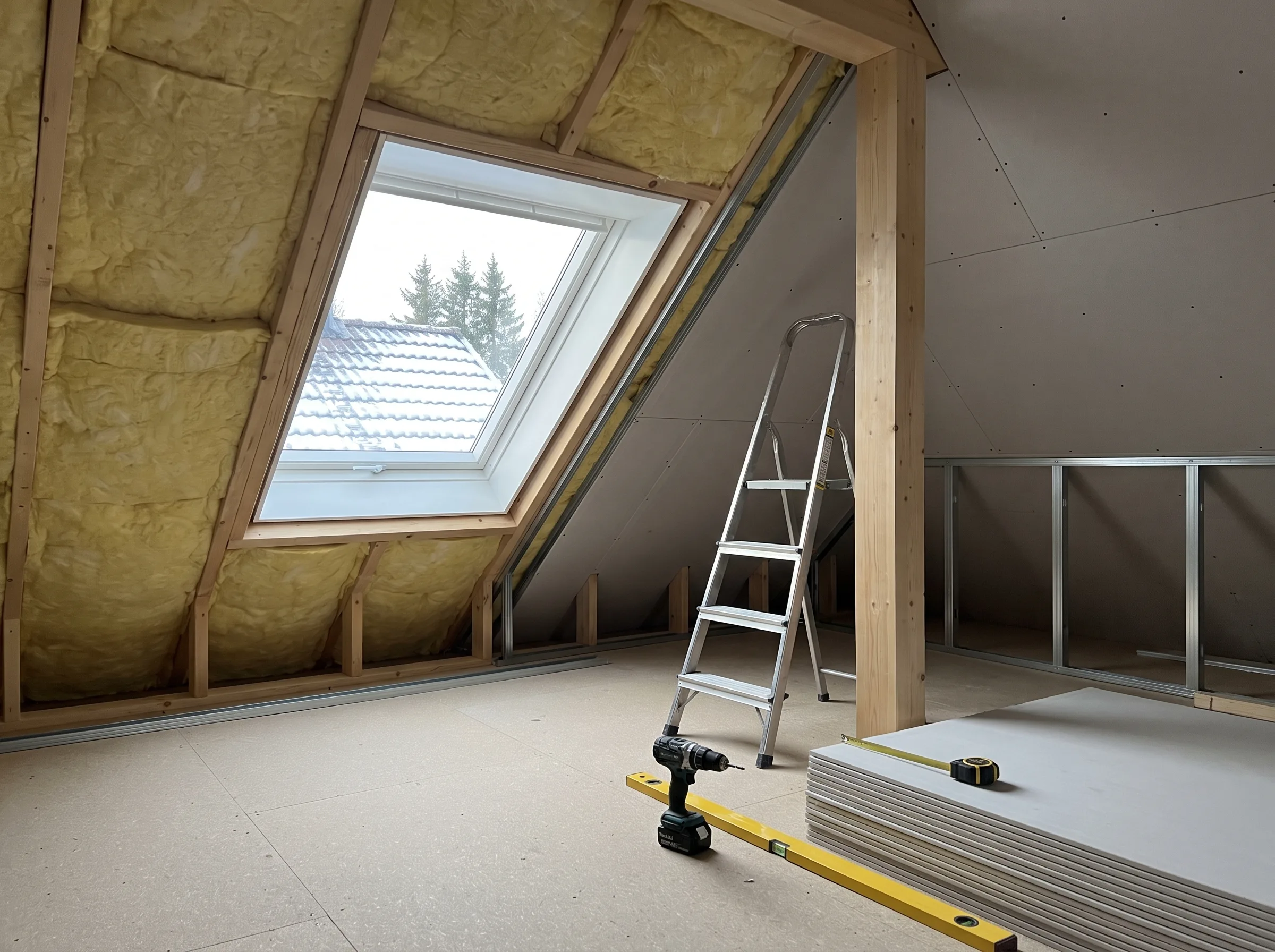 Loftombygging med vindu og isolasjon installert. Stiger og byggematerialer synlige