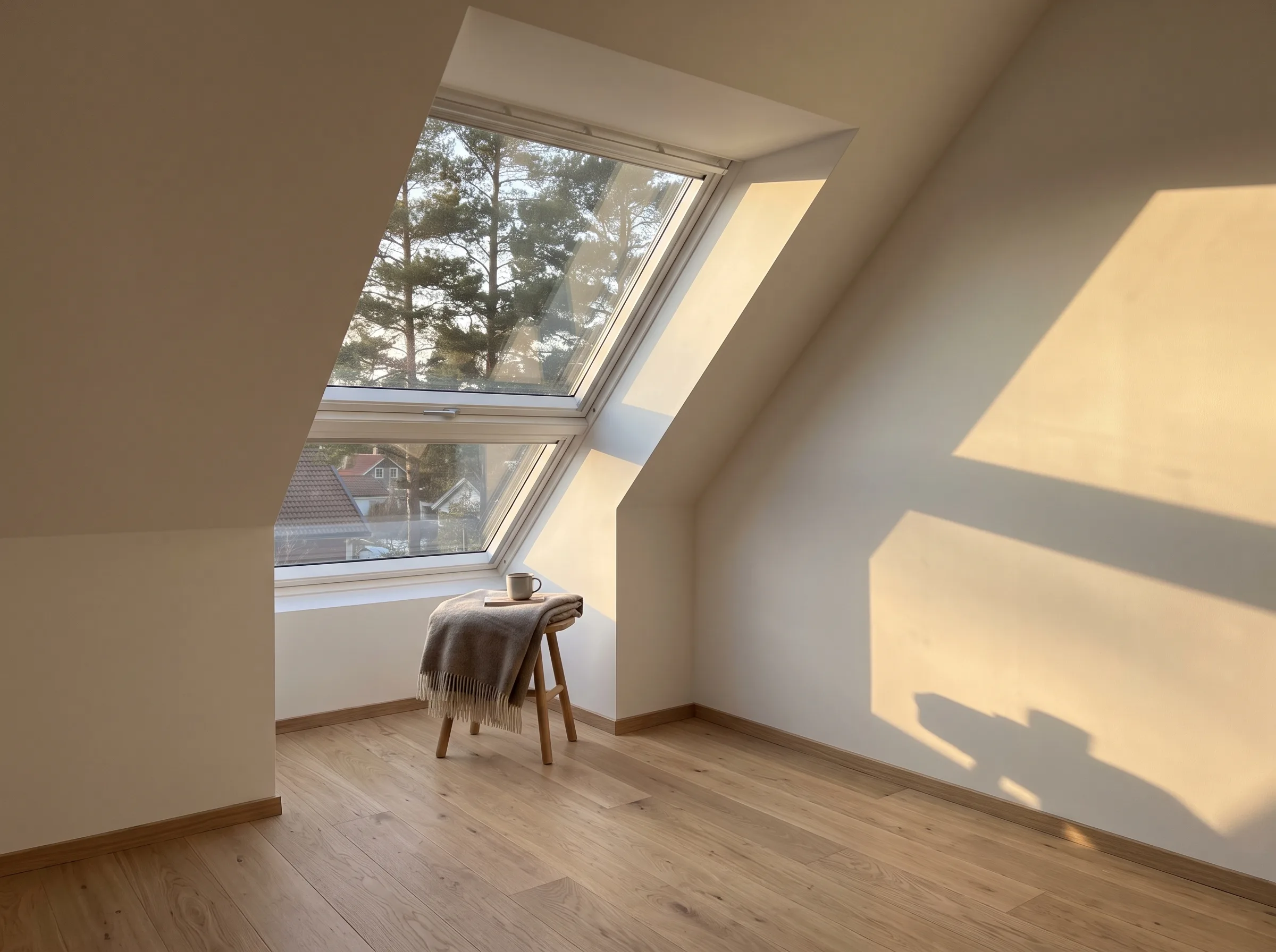 Lys og moderne rom med skråvindu, perfekt for innvendig oppussing