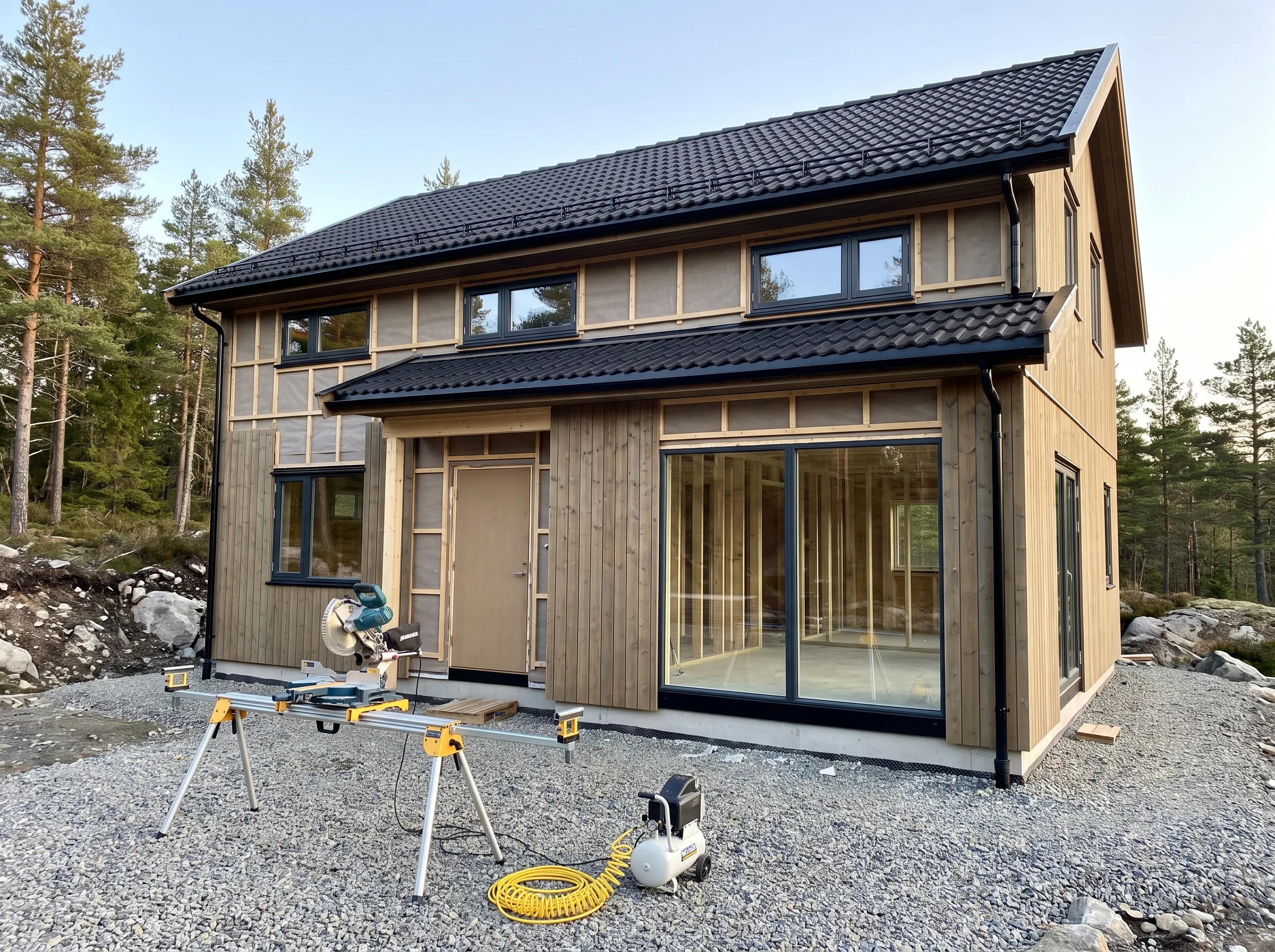 Nytt hus med moderne fasade og store vinduer, klare for innflytting