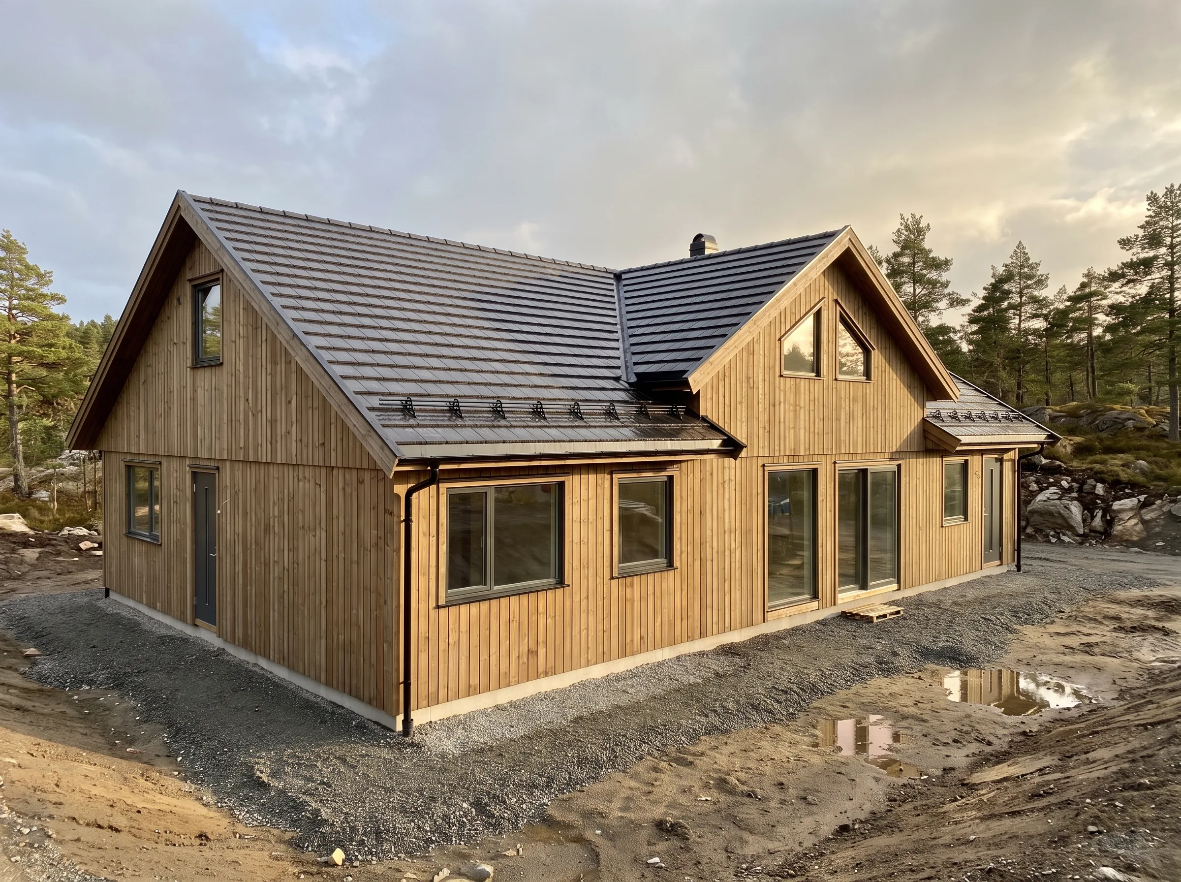 Nydelig nybygd hus med trepanel og store vinduer mot naturlandskap
