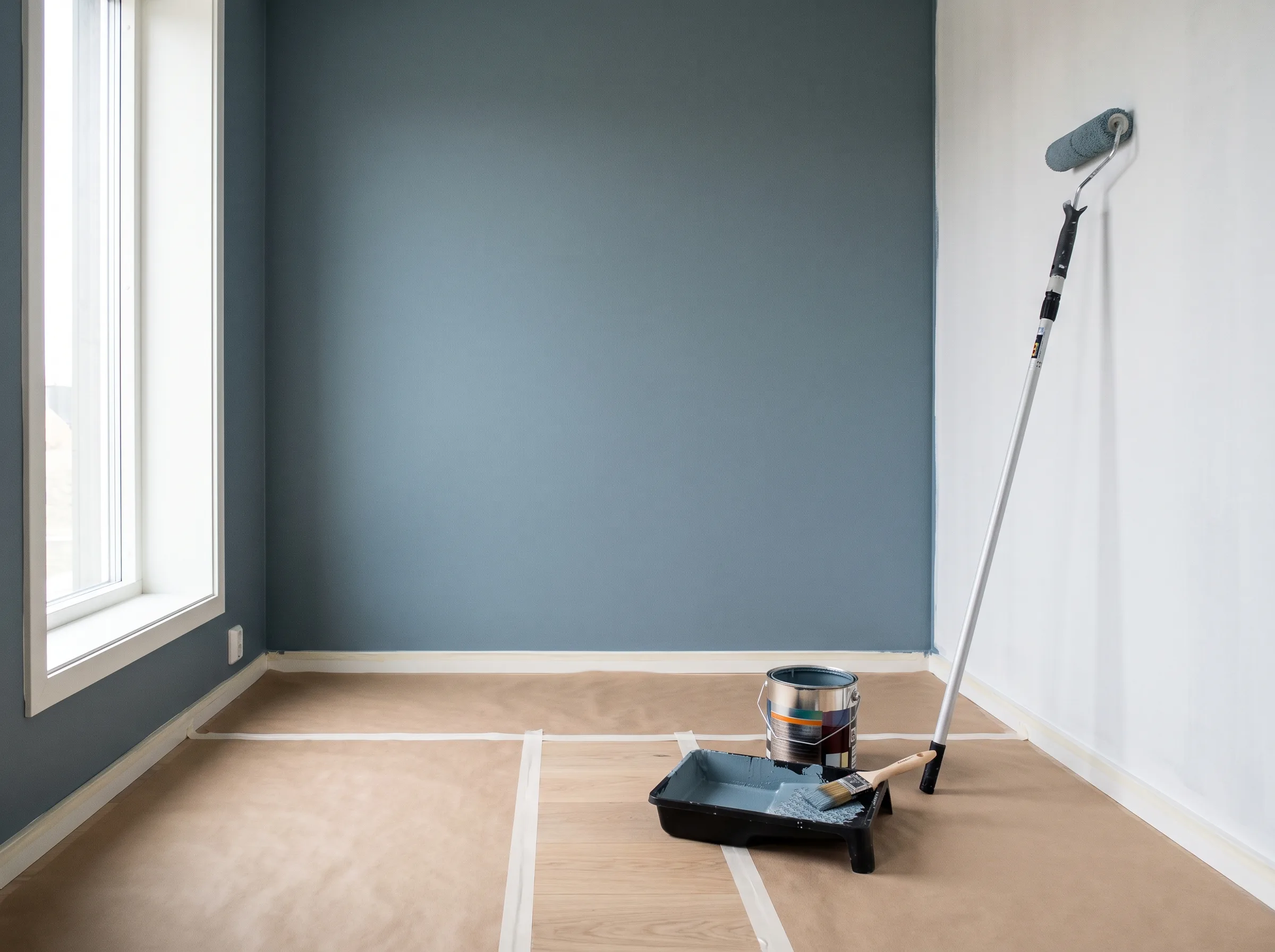 Rom i modern design med malingsverktøy klart for innvendig oppussing