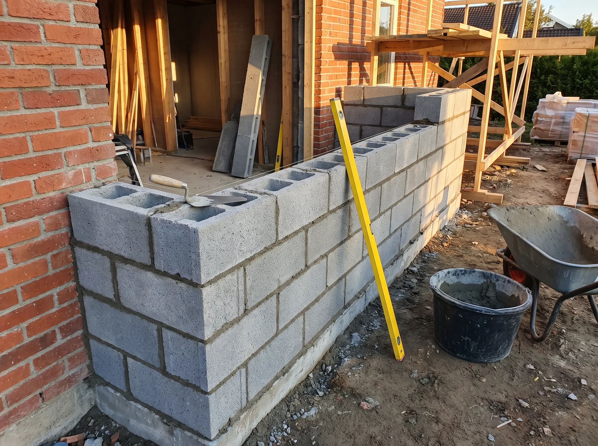 Bygging av mureverk med betongblokker foran en bygning