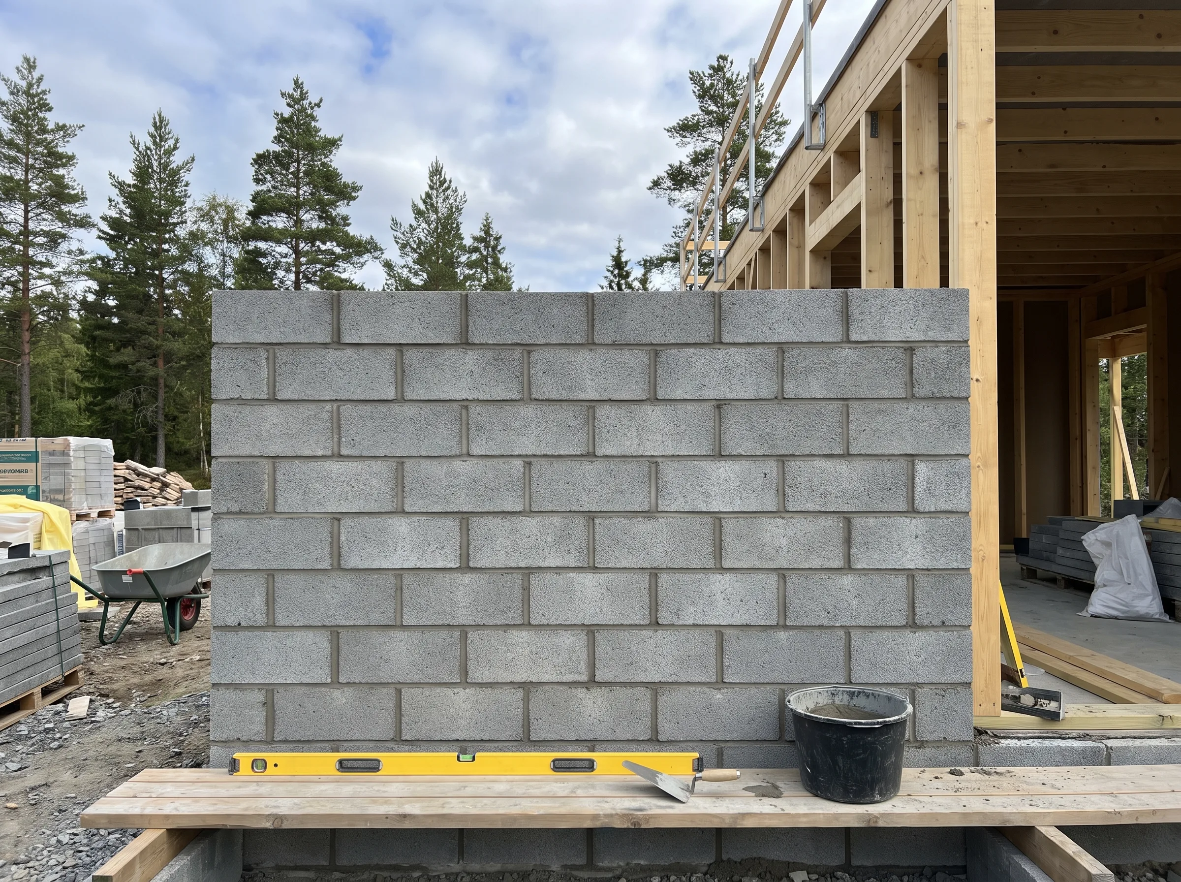 Støttemur i betongblokk under byggearbeid, med verktøy og materialer i bakgrunnen