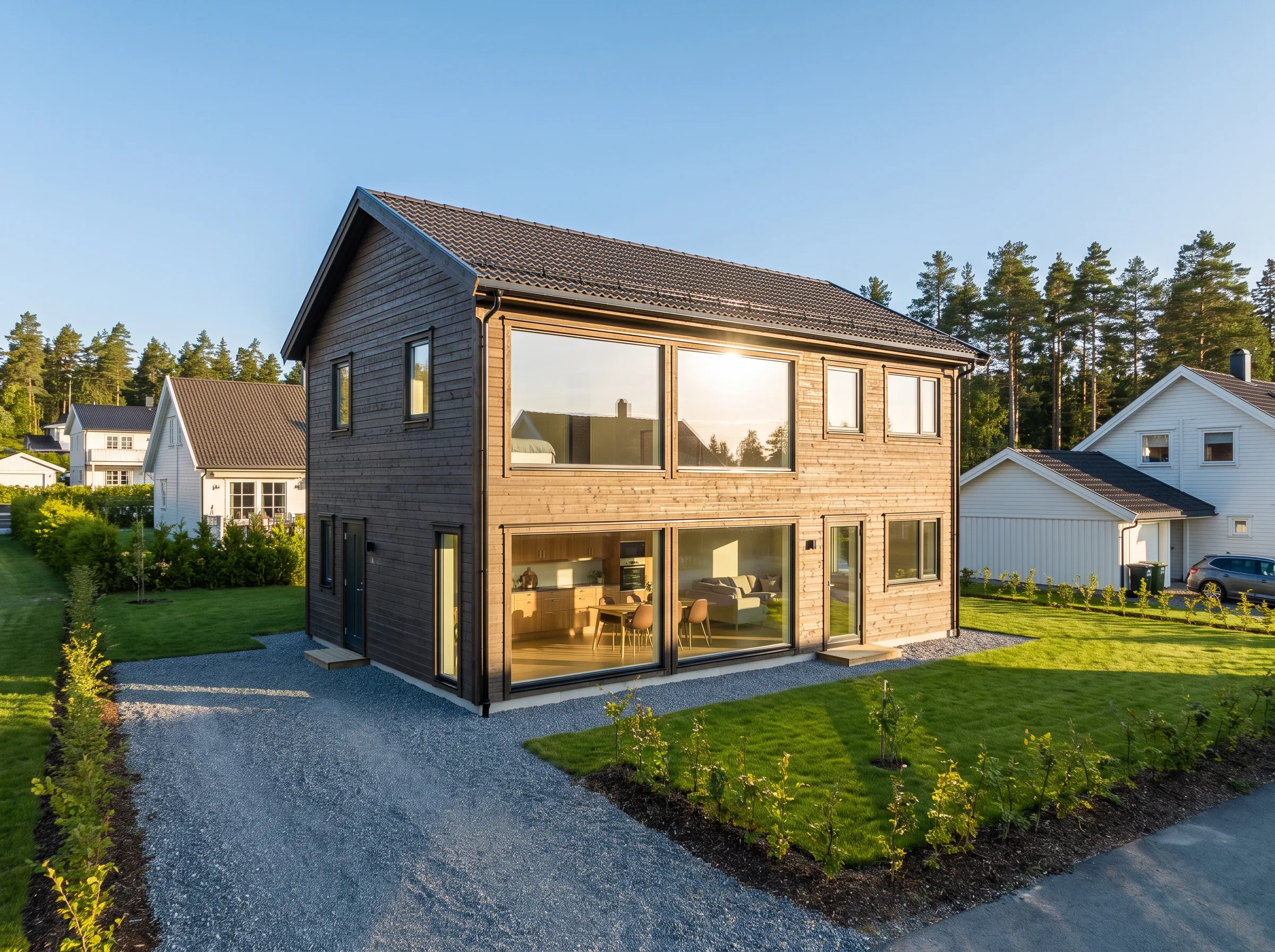 Nyrenovert hus med moderne design og store vinduer i sollys