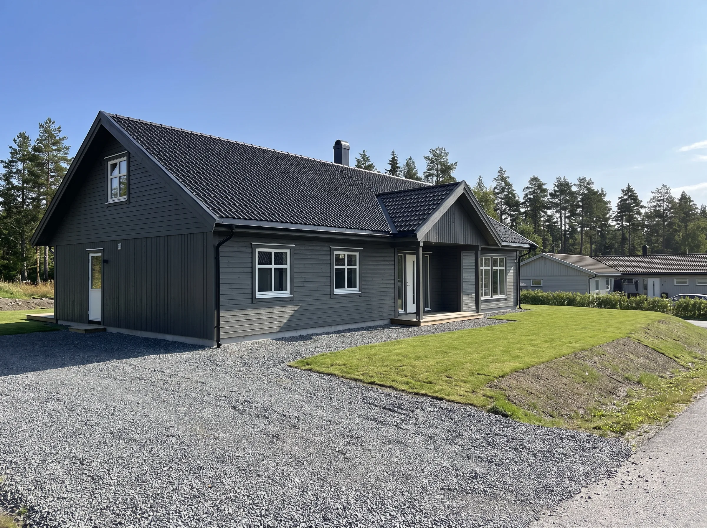Nyoppusset hus med moderne fasade og velstelt hage i solfylt vær