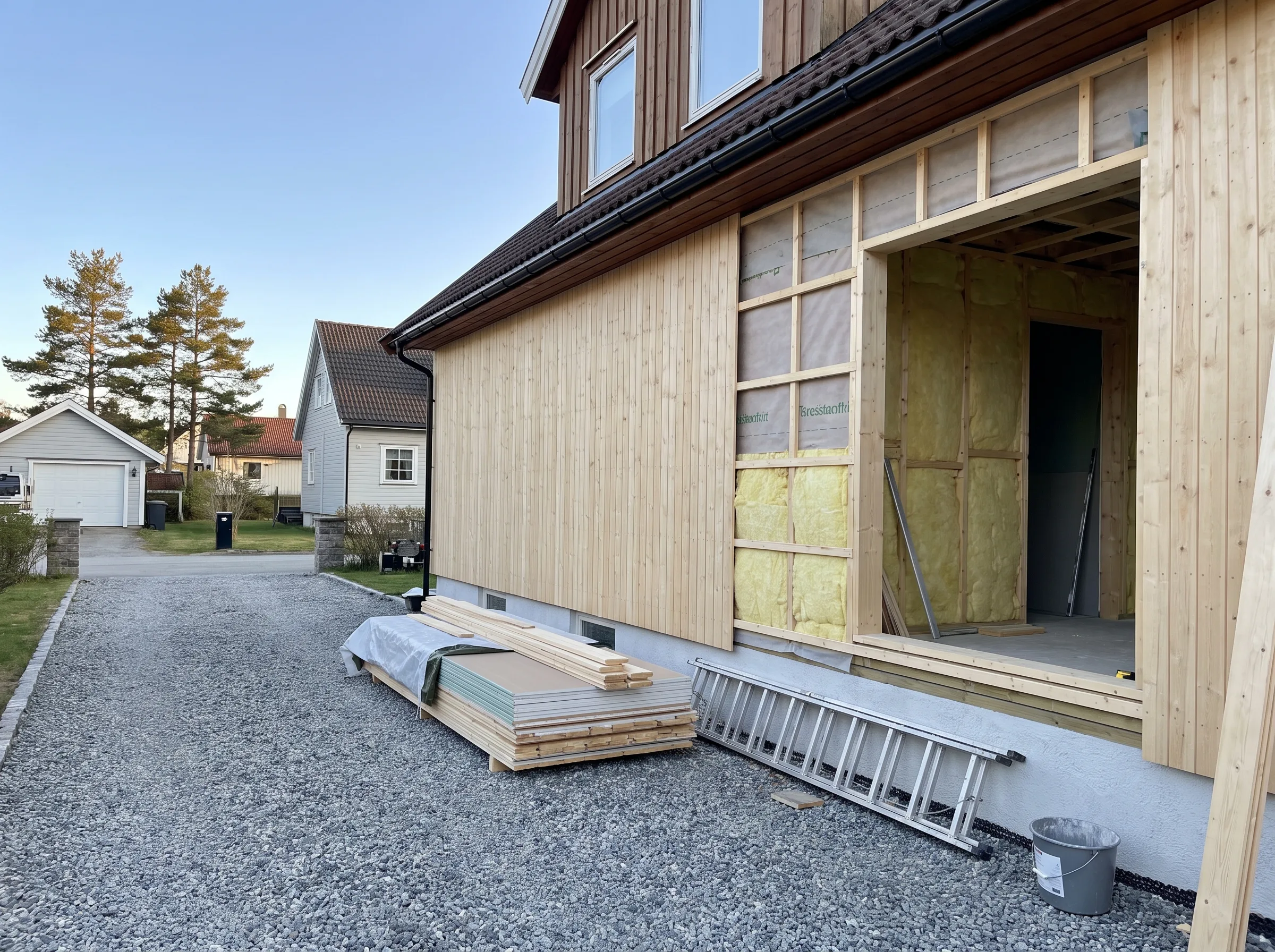 Utvendig oppussing med panel og materialer klar til montering