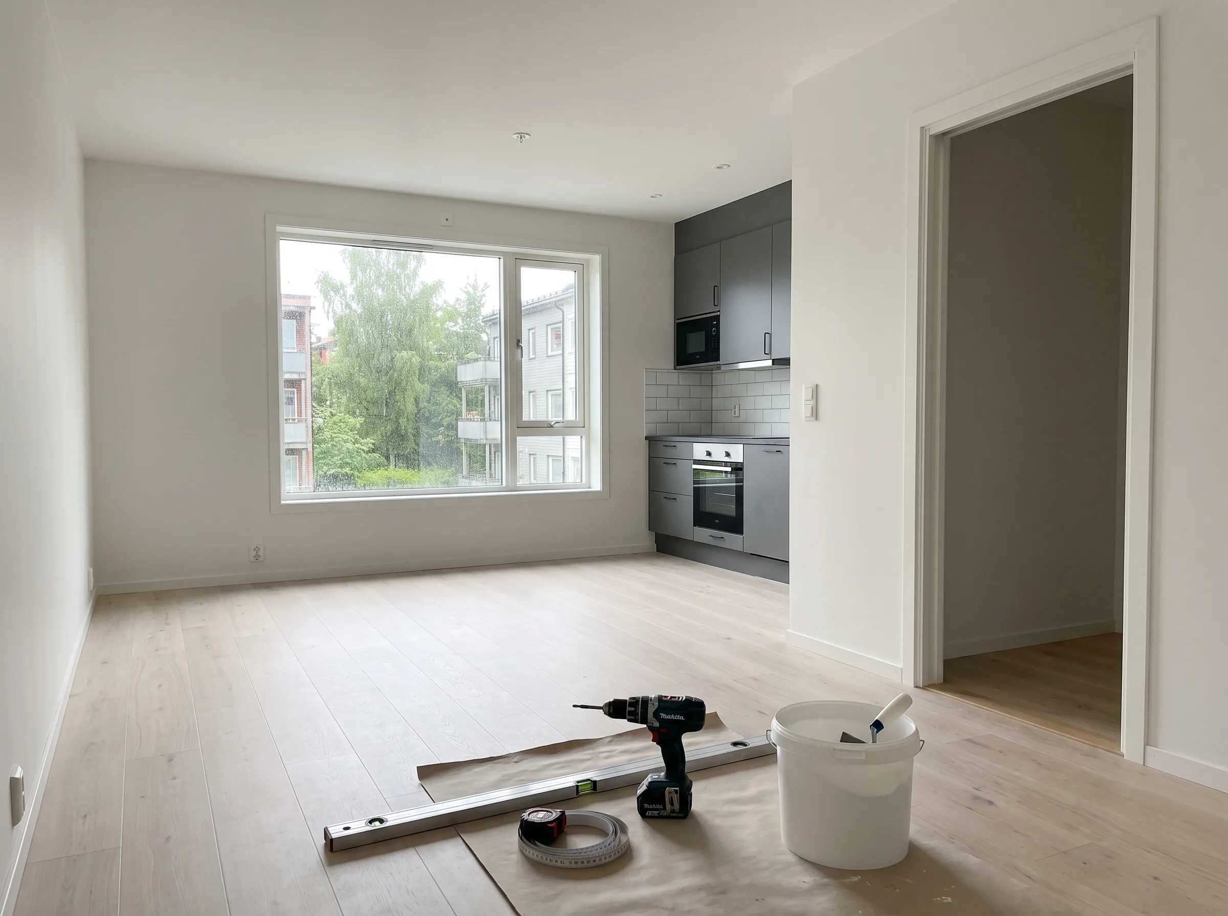 Lys og romslig stue under renovering med verktøy og materialer
