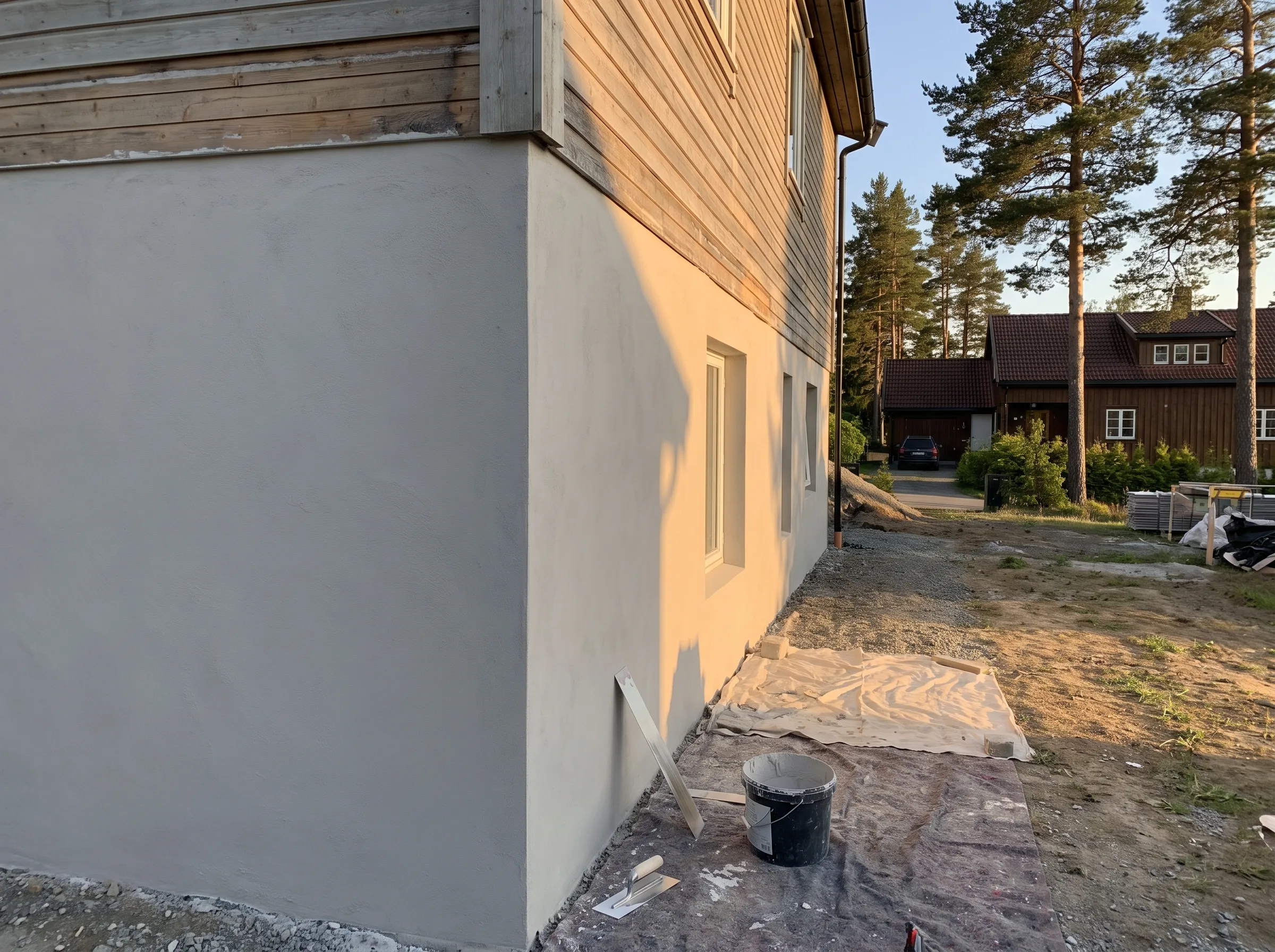 Fasadearbeid med nymalt vegg og vindu på hus i boligområde