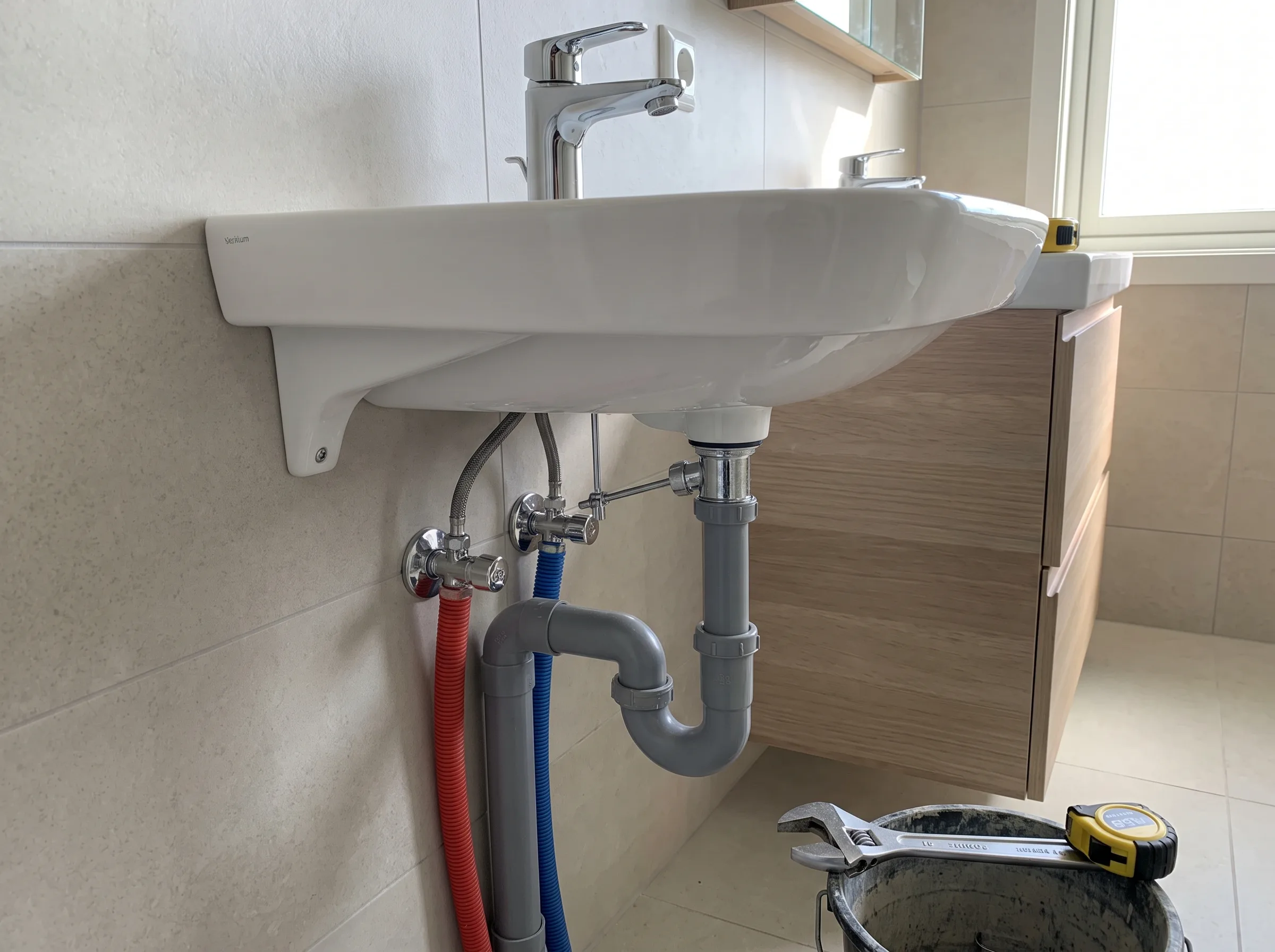 Vask med installerte rør og verktøy for rørleggerarbeid