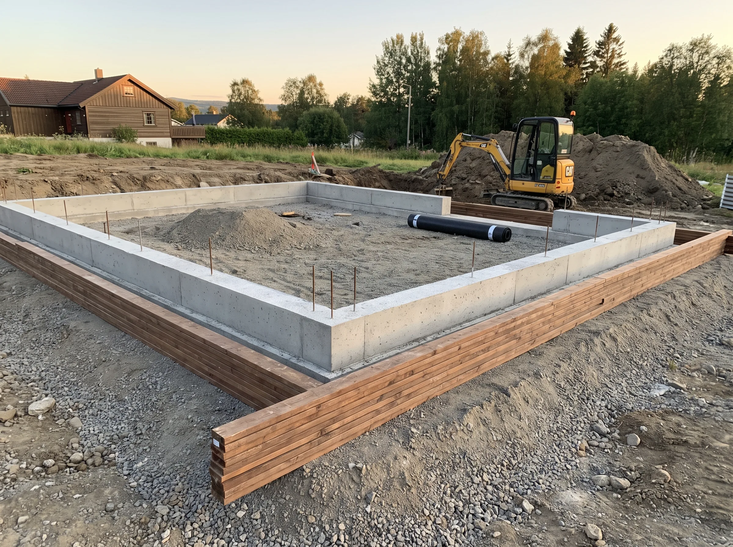 Fundament for bygging av hus med grå betong og treelementer