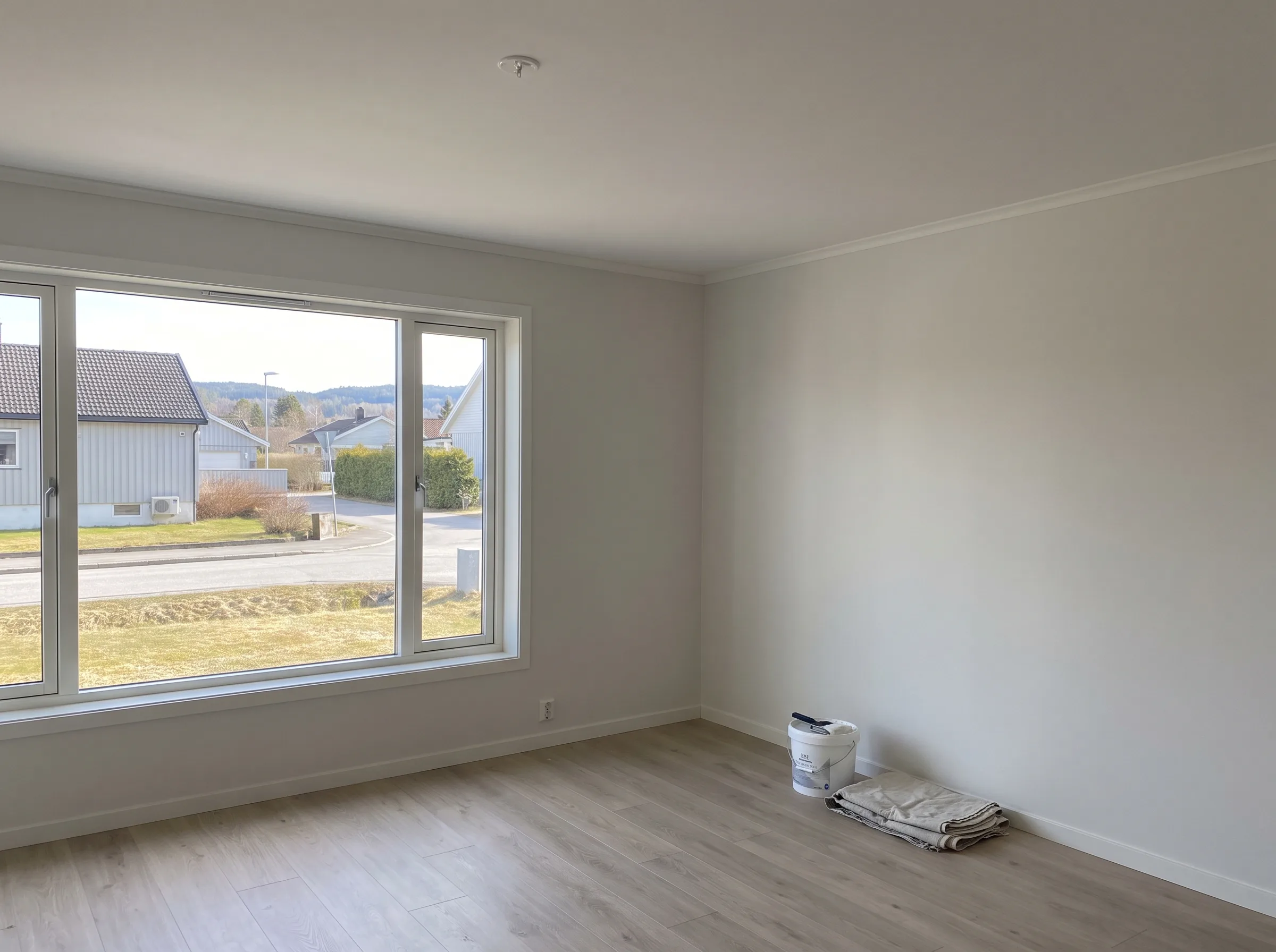 Nyinnredet stue med stort vindu og nymalte vegger, klar for innflytting