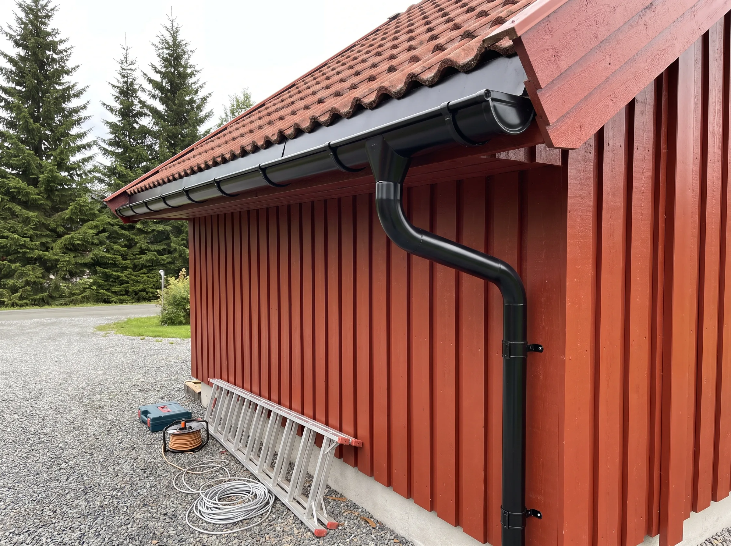 Takrenner og dreneringssystem på rød husvegg