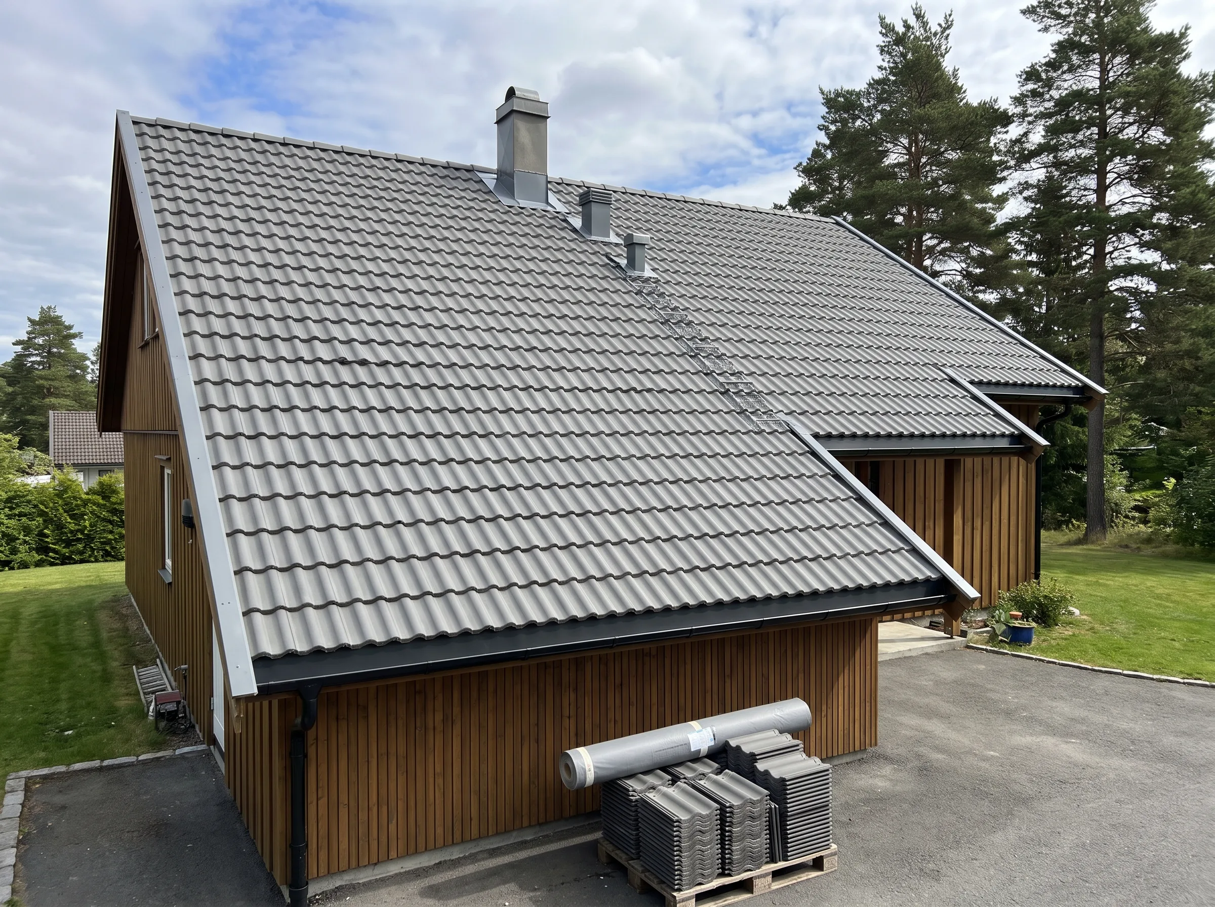 Taket på et hus med takstein og trepanel, godt egnet for taktekking