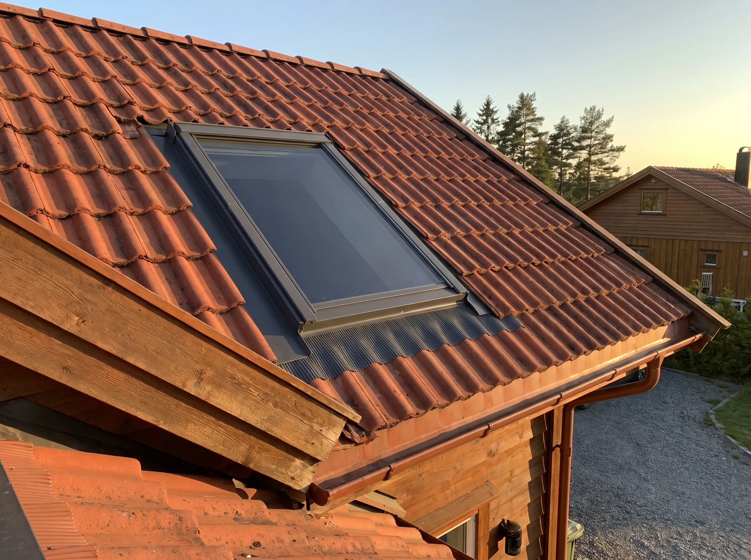 Takstein med takvindu på hytte, viser takarbeid og kvalitet i renovering
