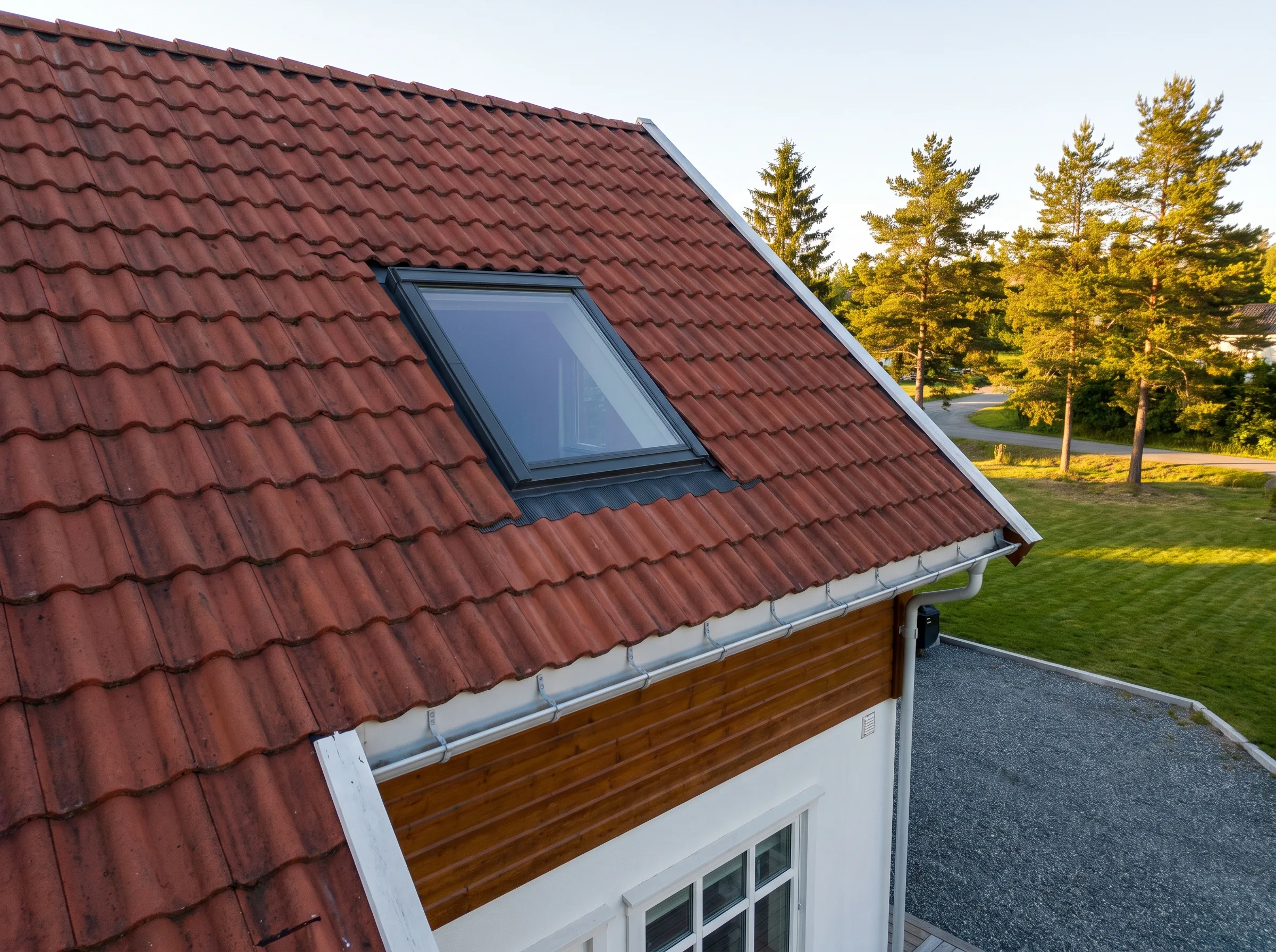 Taktekking med takvindu på et hus med rødt tak
