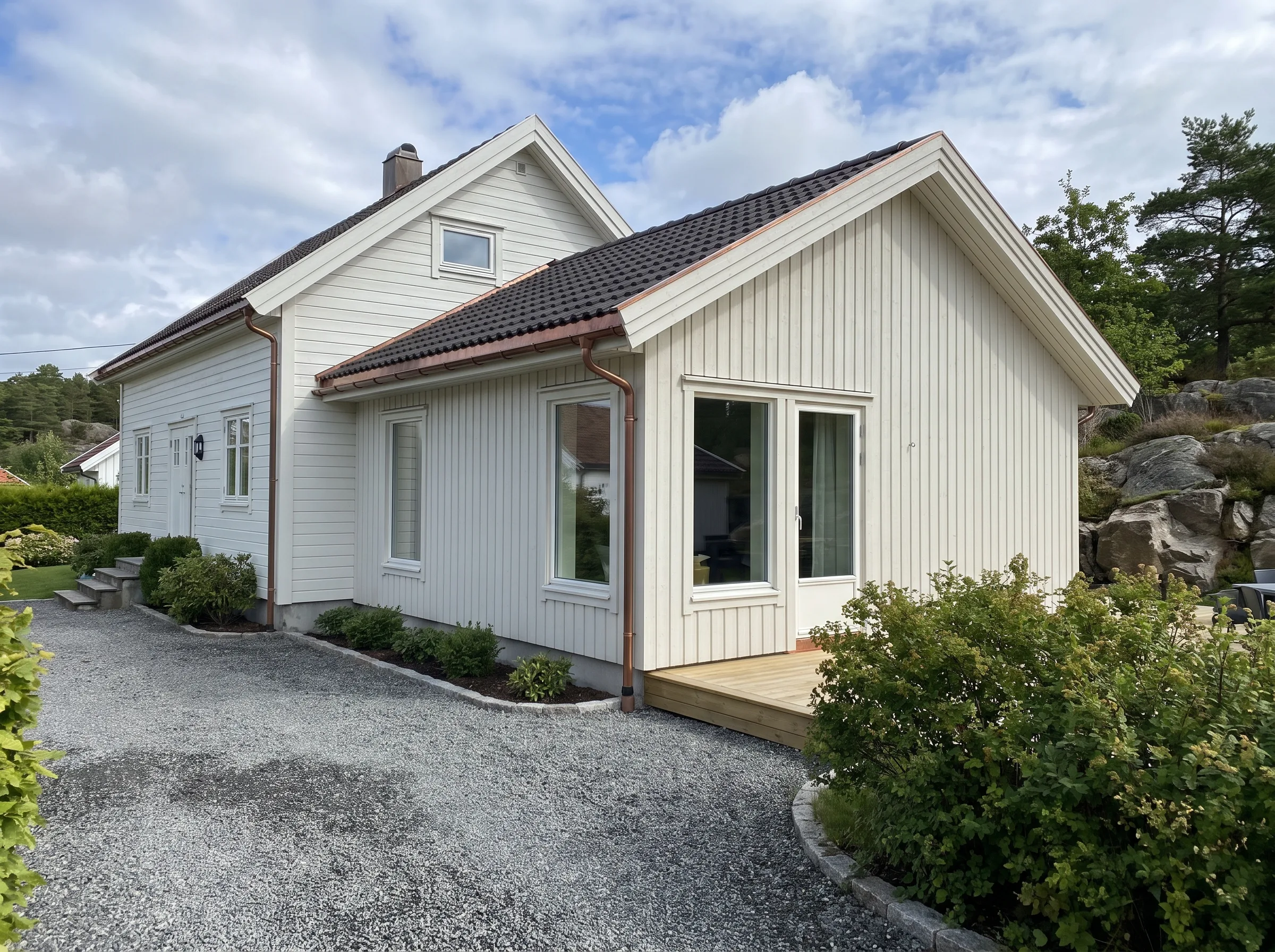 Nyere bolig med moderne arkitektur og hageanlegg i front