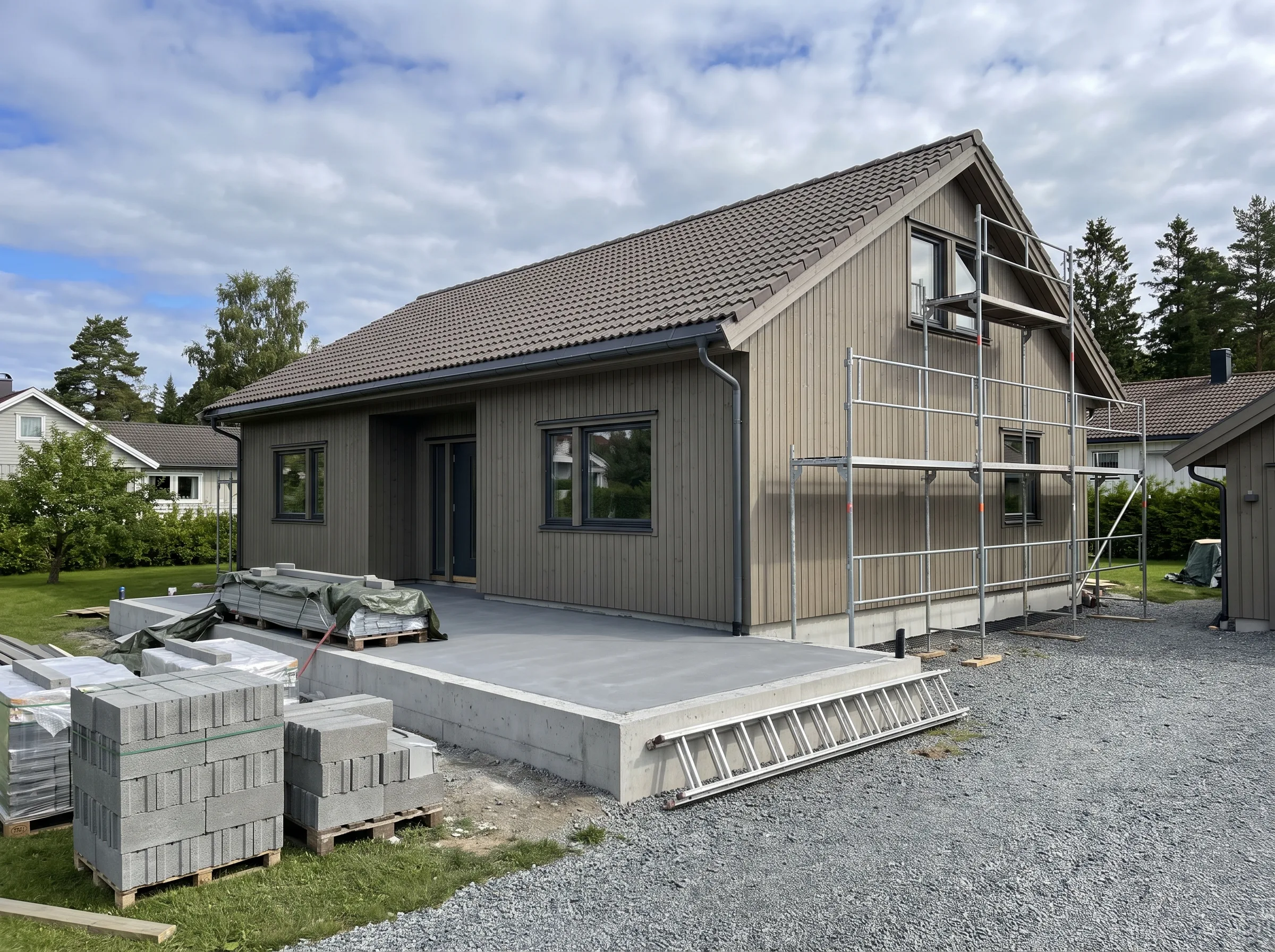Nytt hus under bygging med solid grunnmur og tak