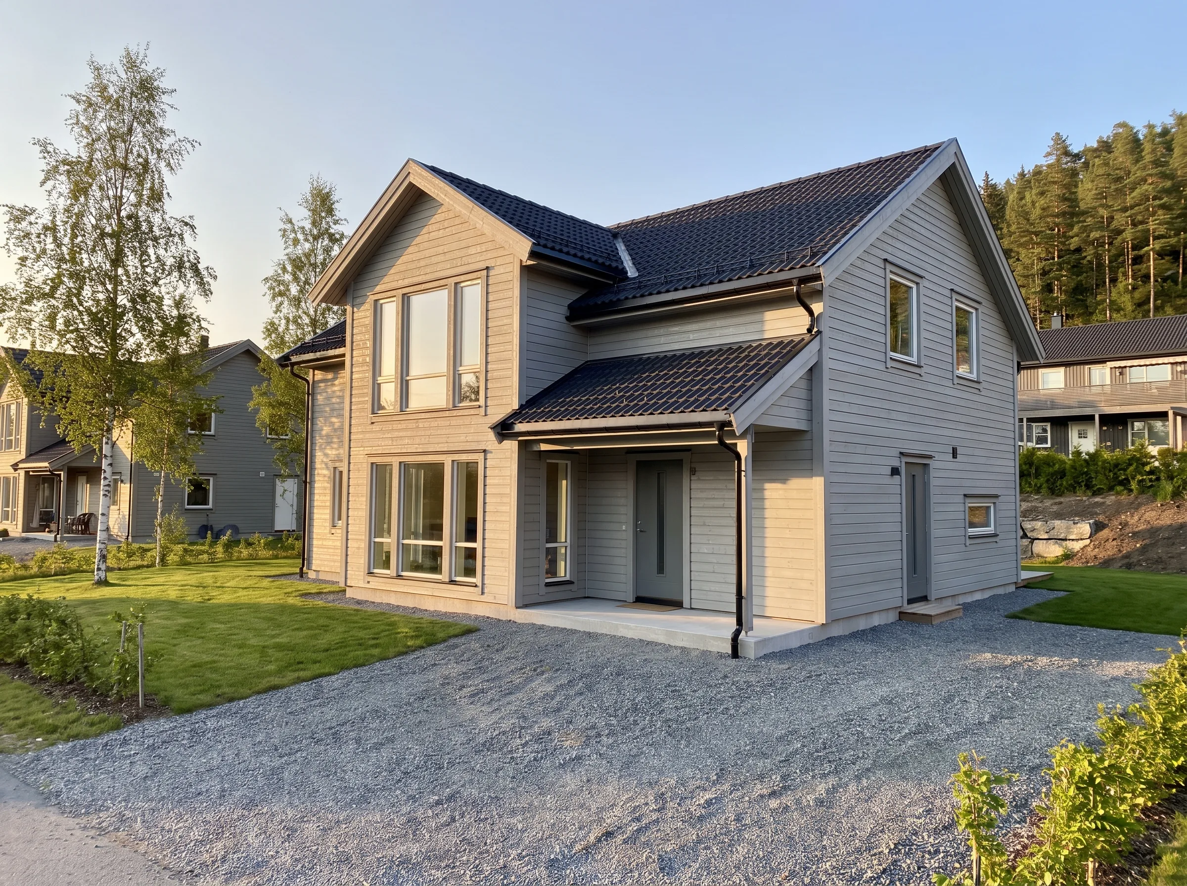 Moderne hus med tre etasjer, store vinduer og fin fasade