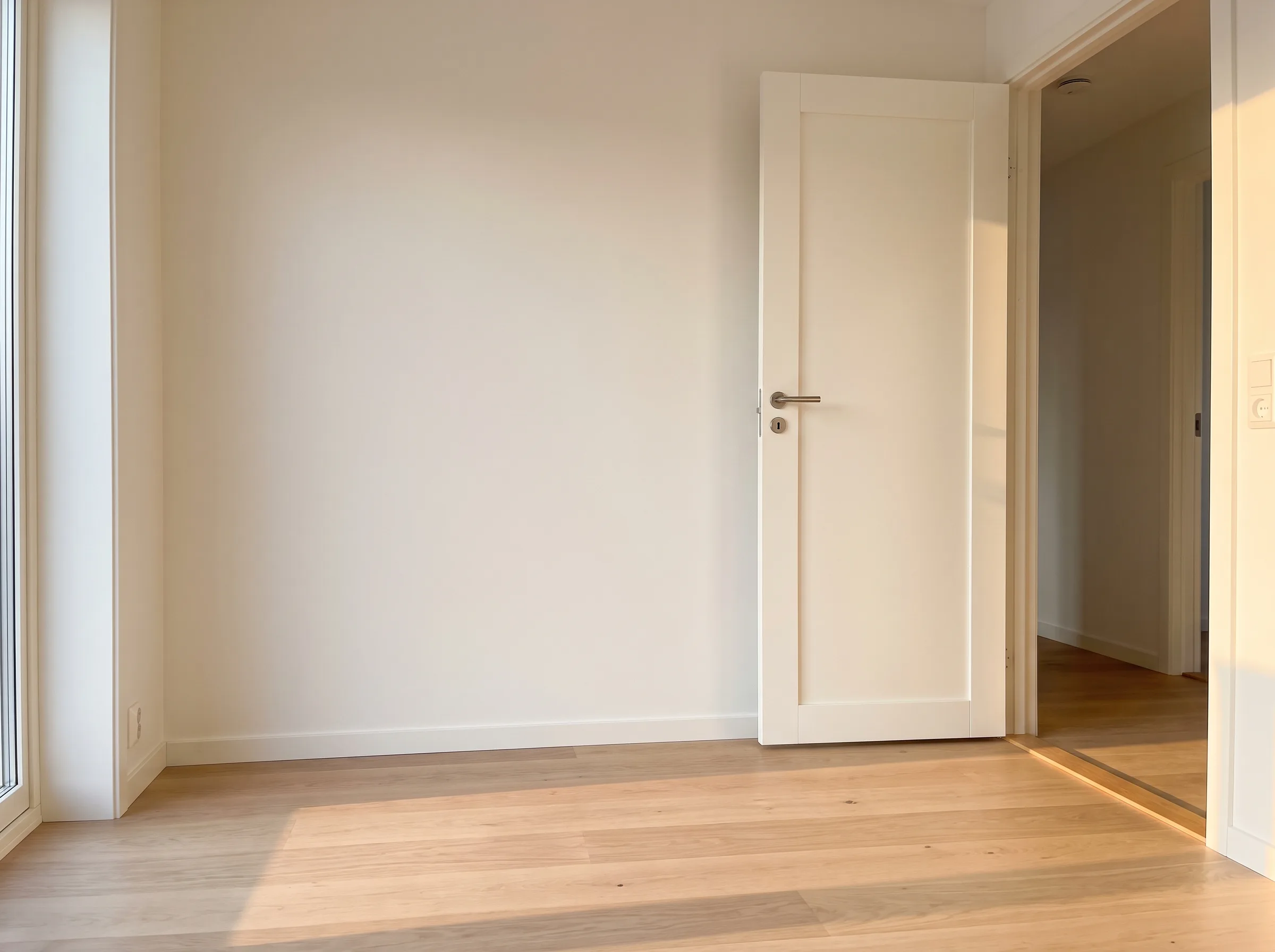 Rom med lys treffe gulv og hvite vegger, perfekt for innvendig oppussing