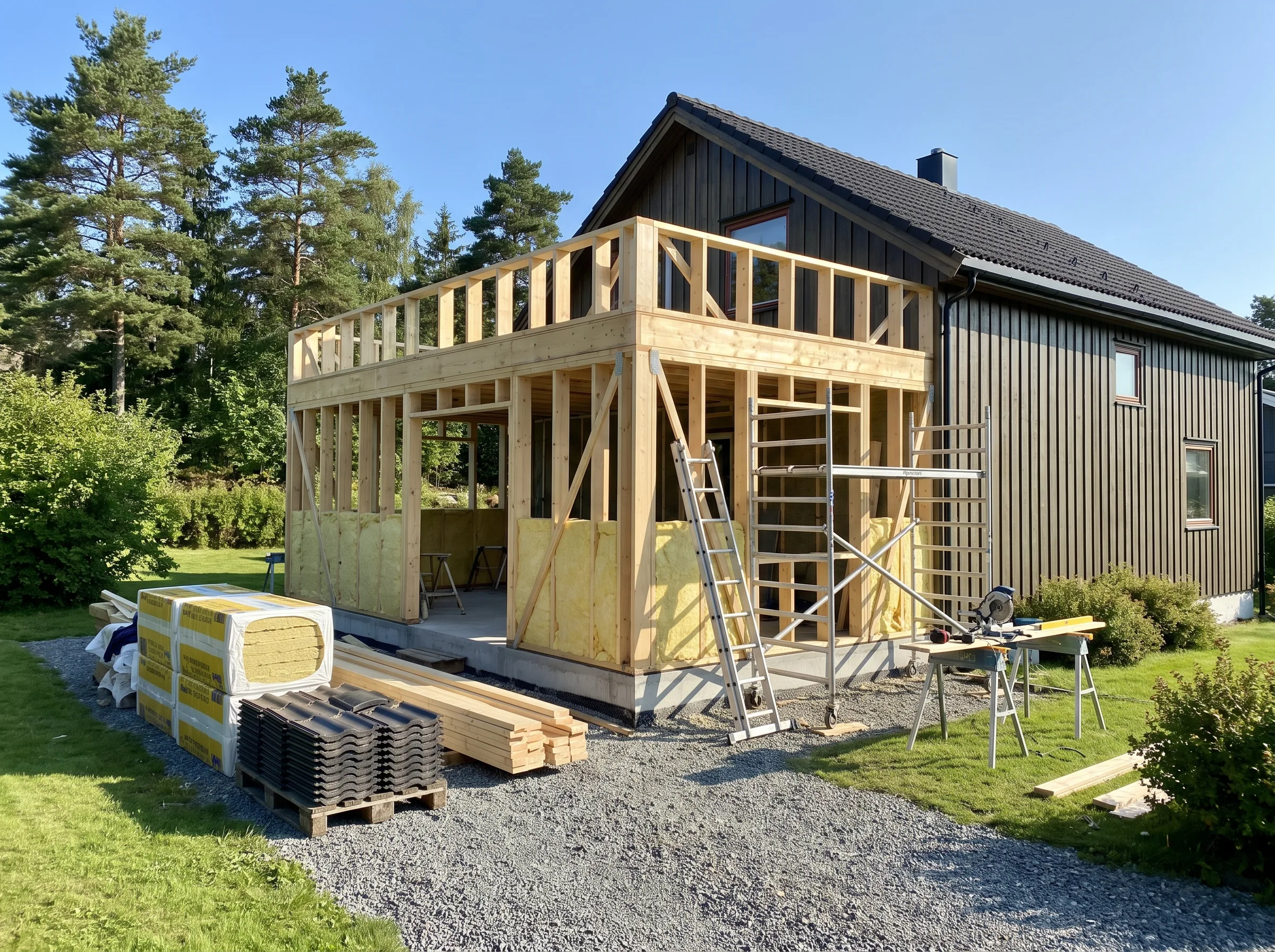 Pågående husrenovering med tilbygg skjer i solfylt hage