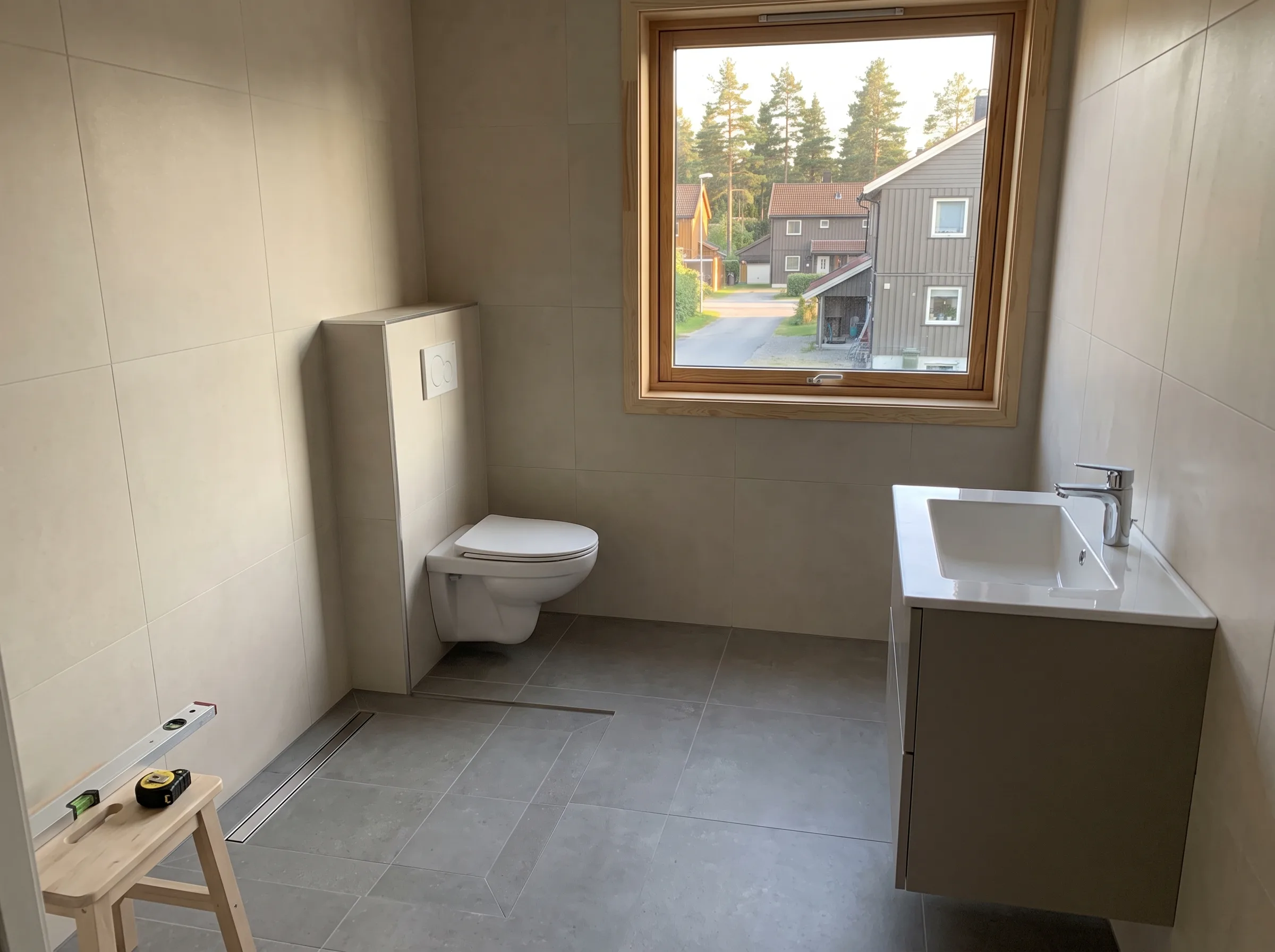 Nyoppusset bad med moderne innredning og store vinduer som slipper inn naturlig lys