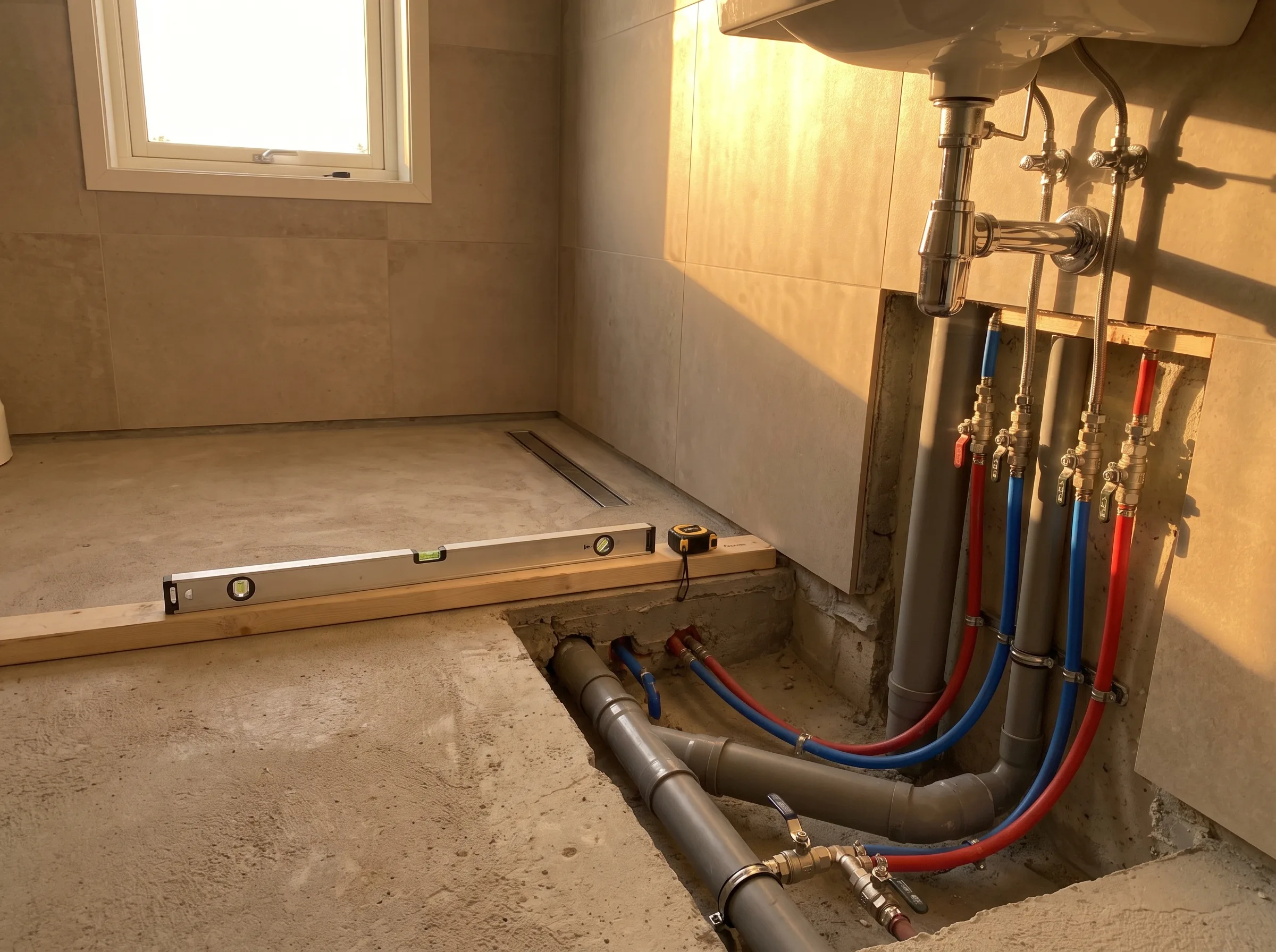 Rørleggerarbeid med synlige rør og avløp i baderomsrenovering