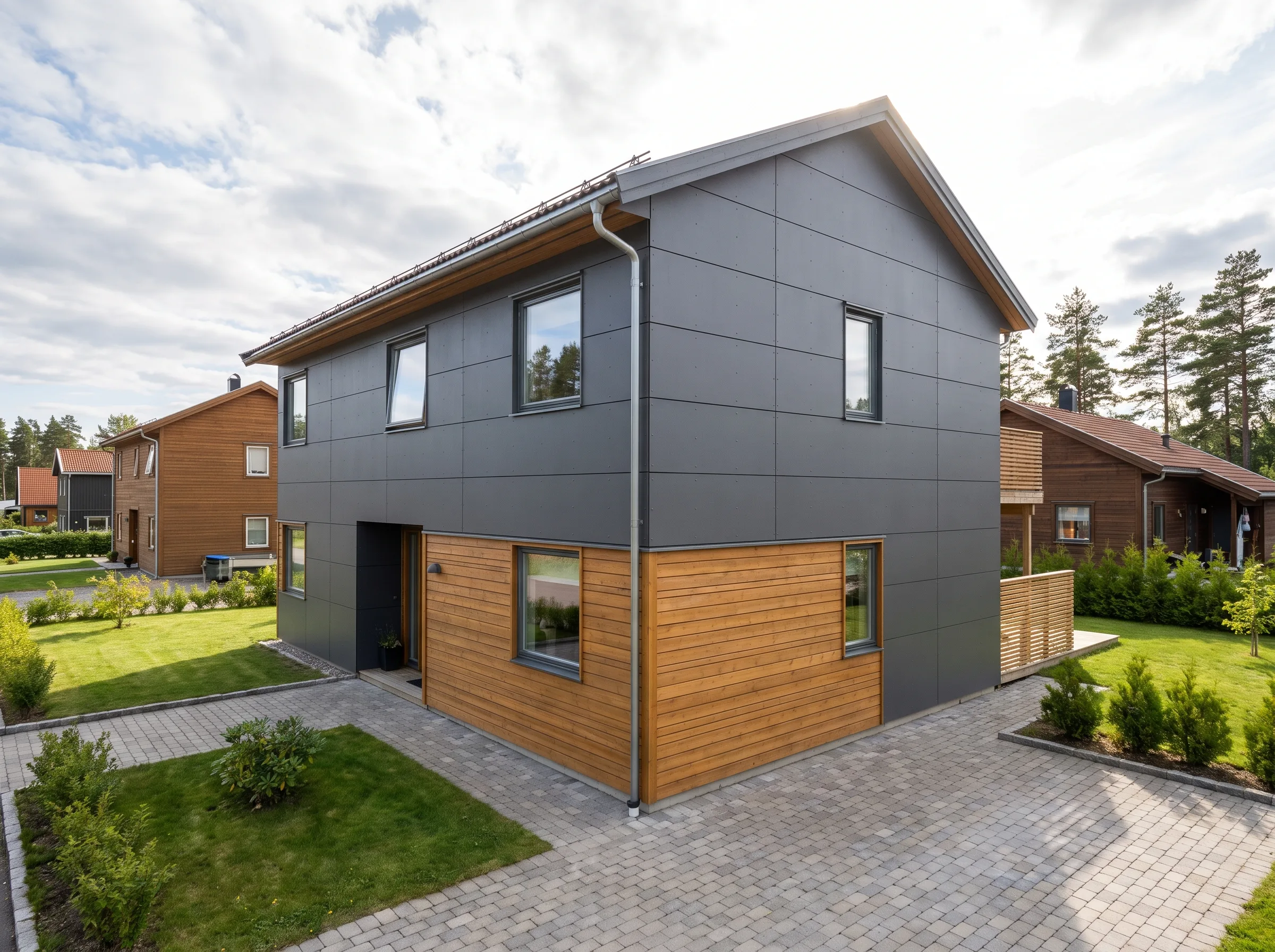 Nybygget hus med moderne fasade og trepanel, omringet av grøntareal og asfaltlagt oppkjørsel